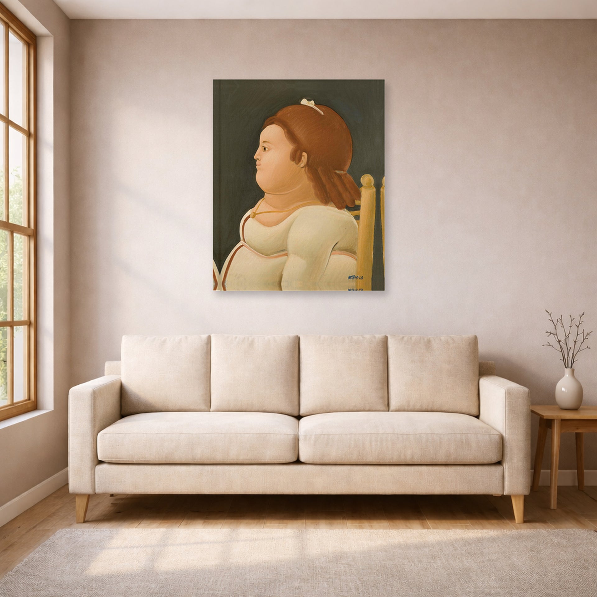 Unframed poster print of Fernando Botero's Perfil De Dama displayed on a wall in a living room