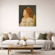 Unframed poster print of Fernando Botero's Perfil De Dama displayed on a wall in a living room