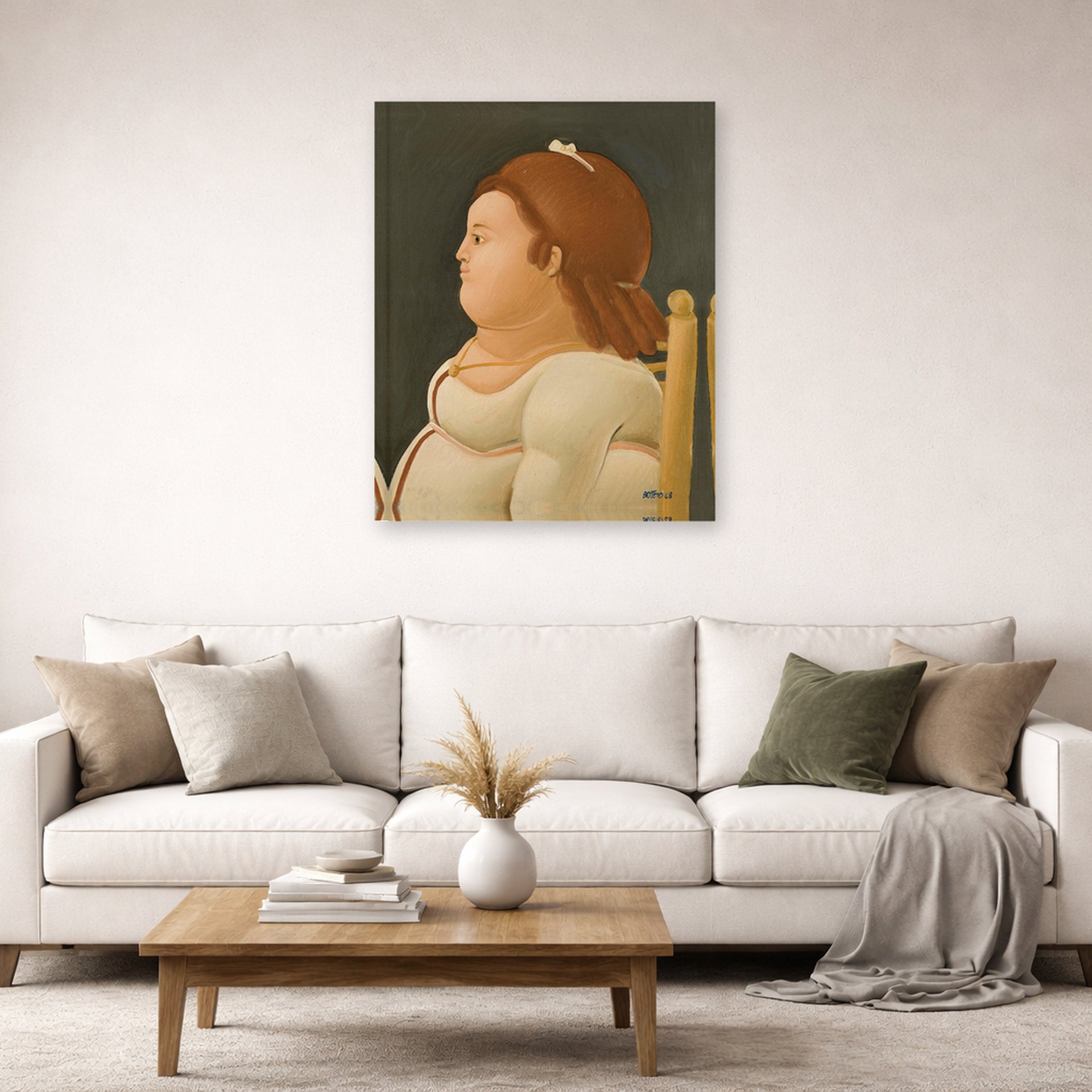 Unframed poster print of Fernando Botero's Perfil De Dama displayed on a wall in a living room