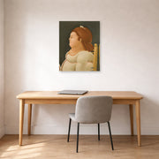 Unframed poster print of Fernando Botero's Perfil De Dama displayed on a wall in a home office
