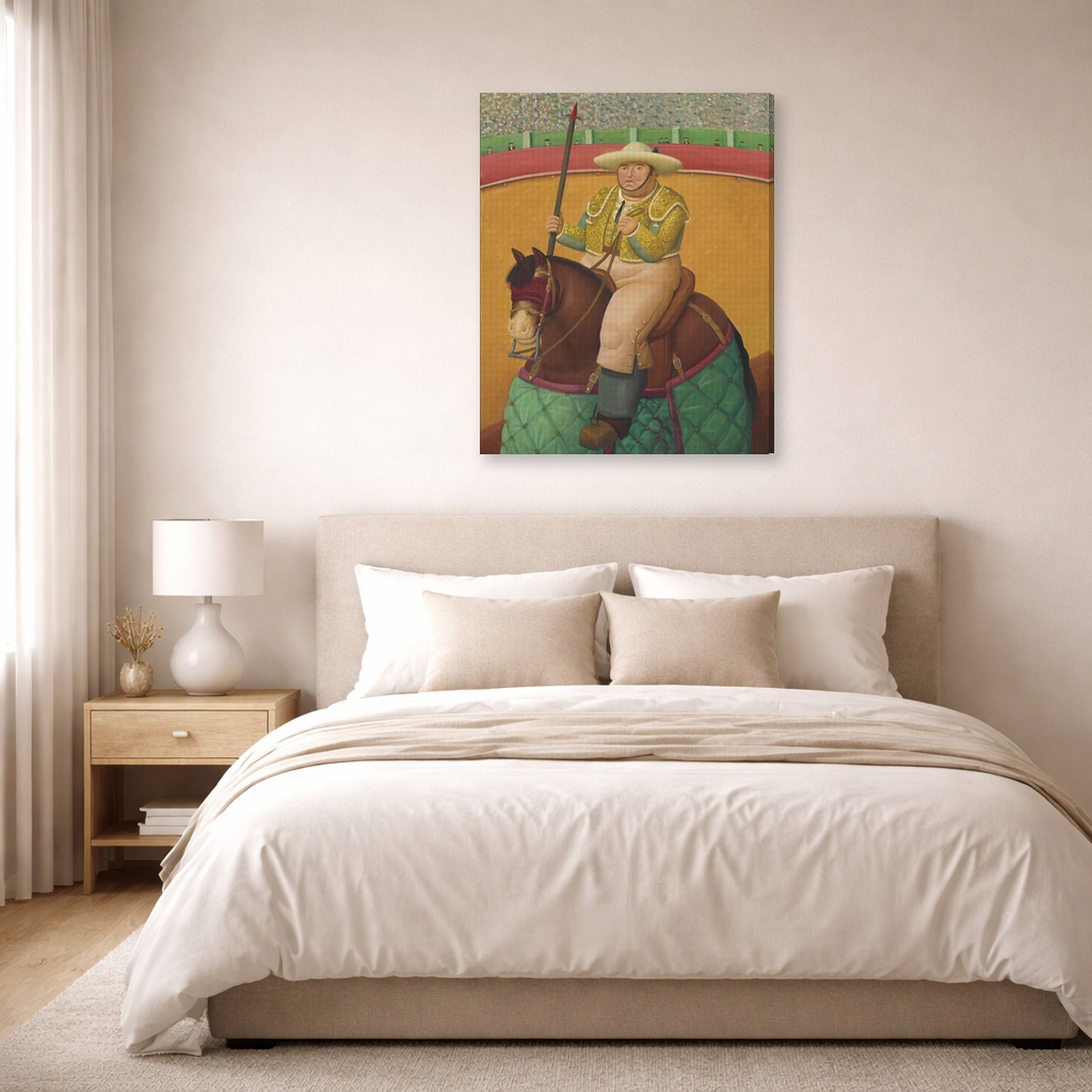 Gallery-wrapped canvas print of Fernando Botero's Picador displayed on a wall in a bedroom