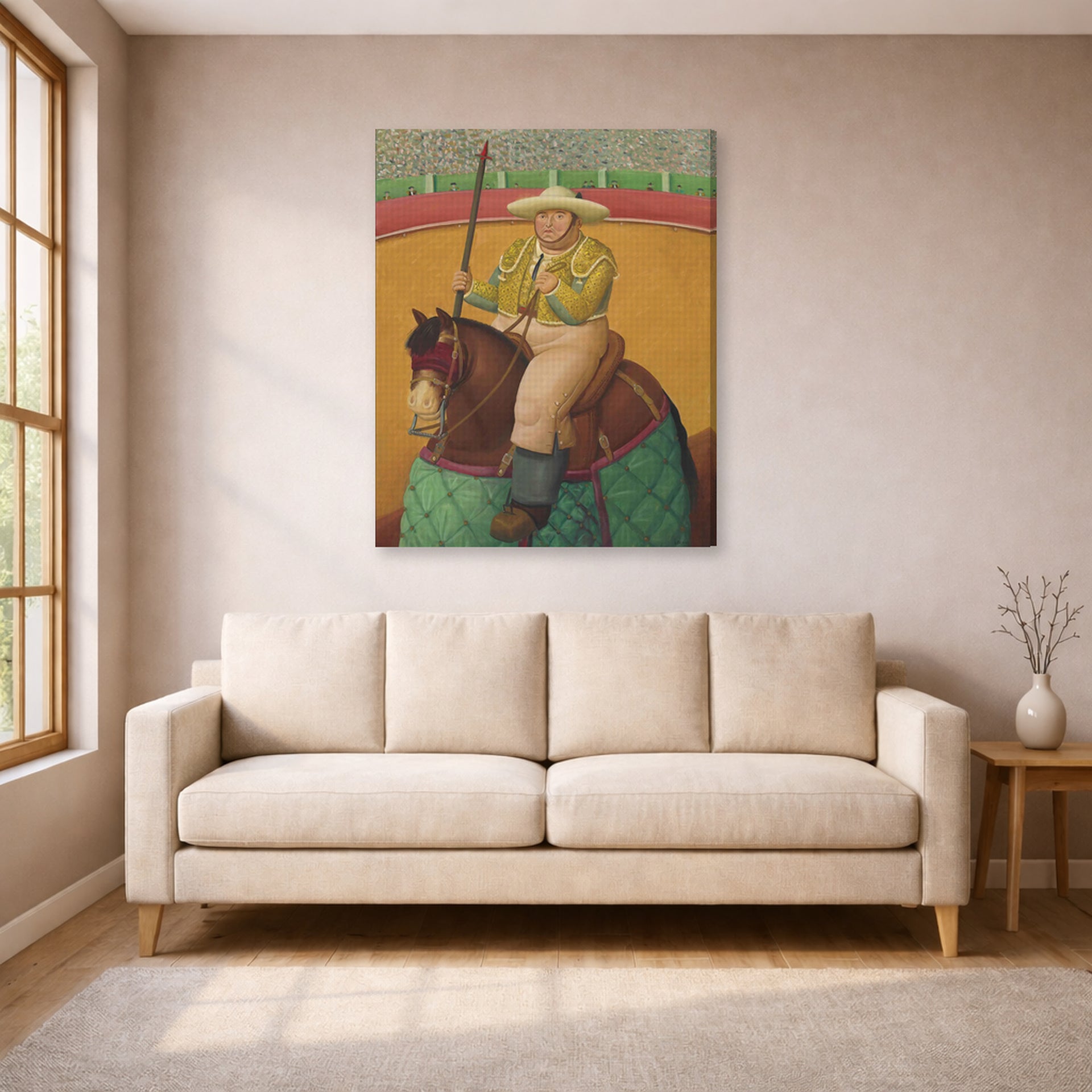 Gallery-wrapped canvas print of Fernando Botero's Picador displayed on a wall in a living room