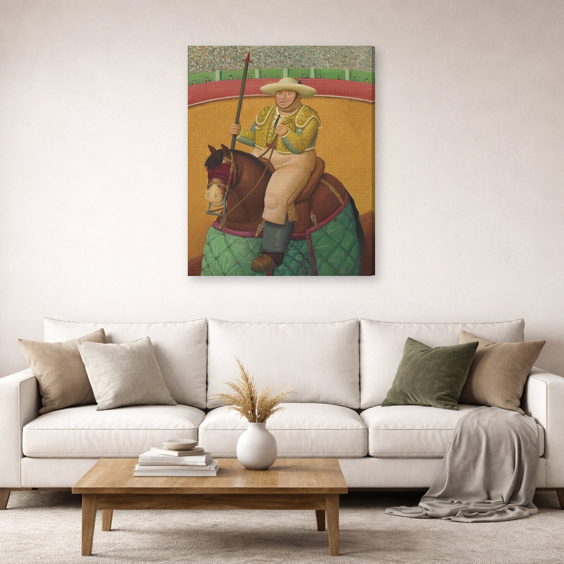 Gallery-wrapped canvas print of Fernando Botero's Picador displayed on a wall in a living room