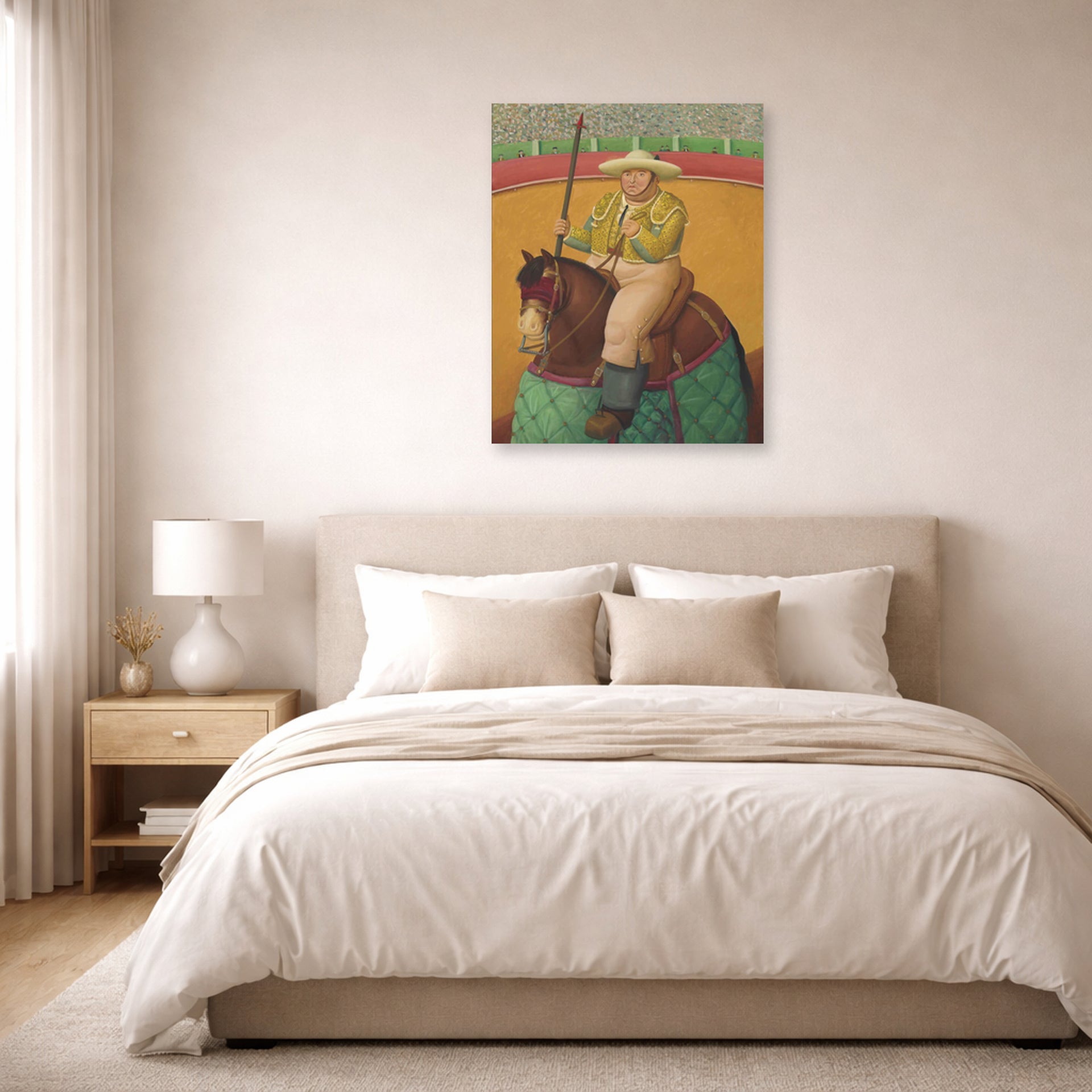 Unframed poster print of Fernando Botero's Picador displayed on a wall in a bedroom