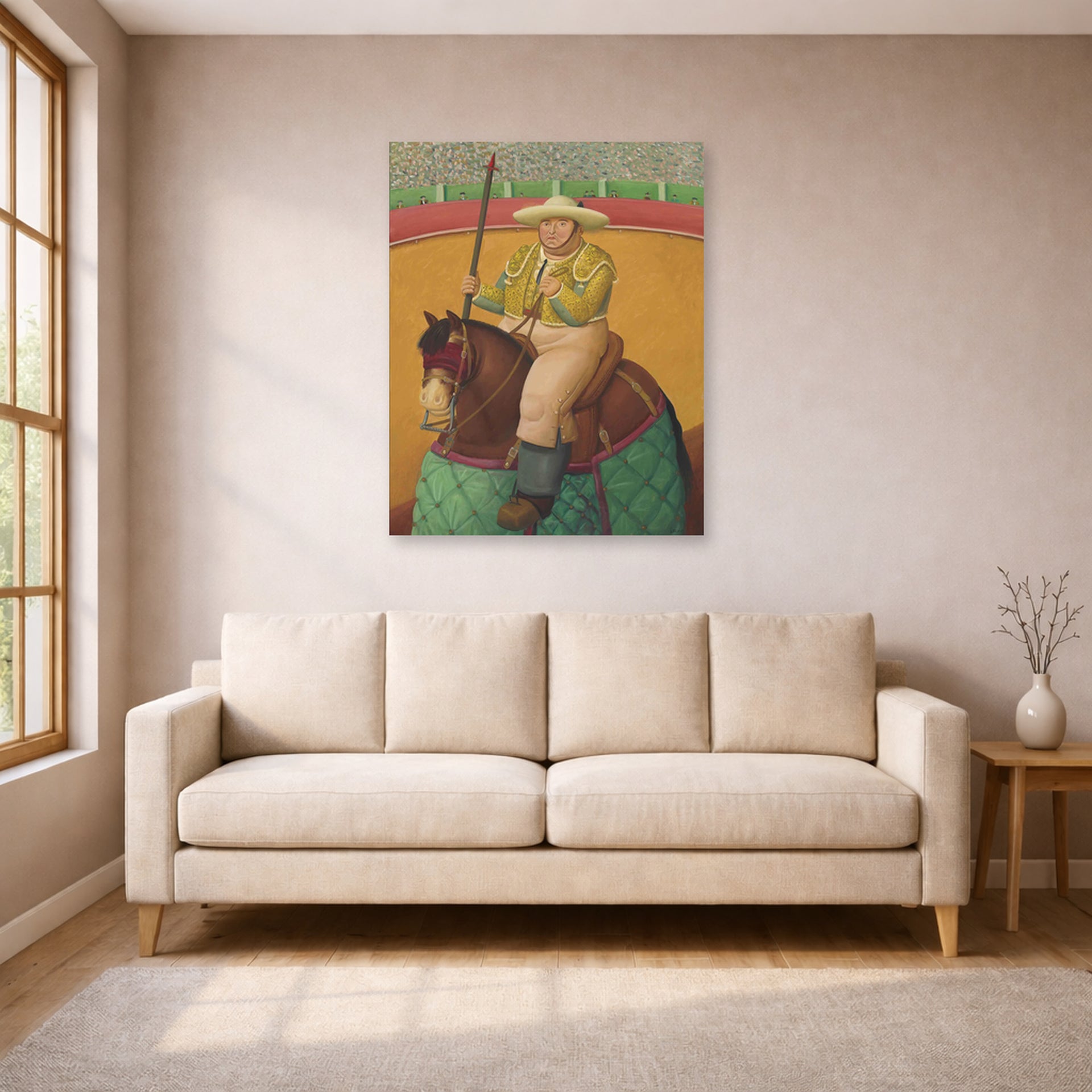 Unframed poster print of Fernando Botero's Picador displayed on a wall in a living room