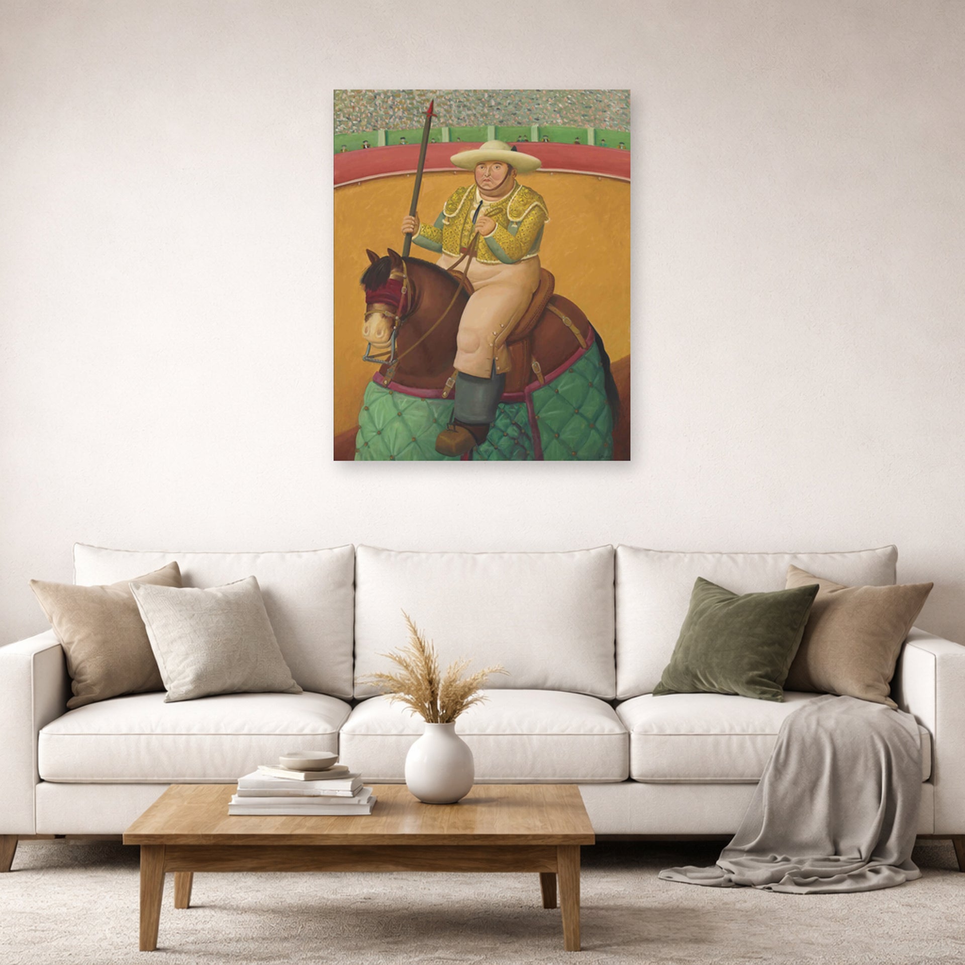 Unframed poster print of Fernando Botero's Picador displayed on a wall in a living room