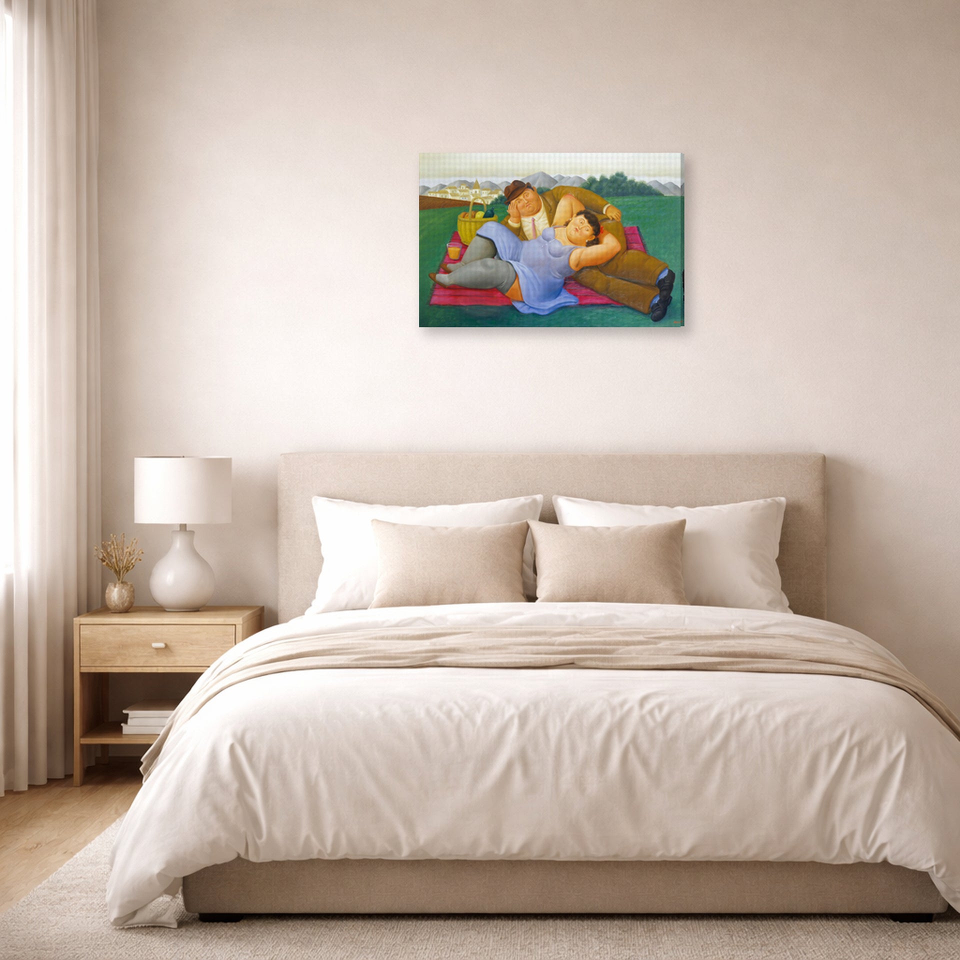 Gallery-wrapped canvas print of Fernando Botero's Picnic displayed on a wall in a bedroom