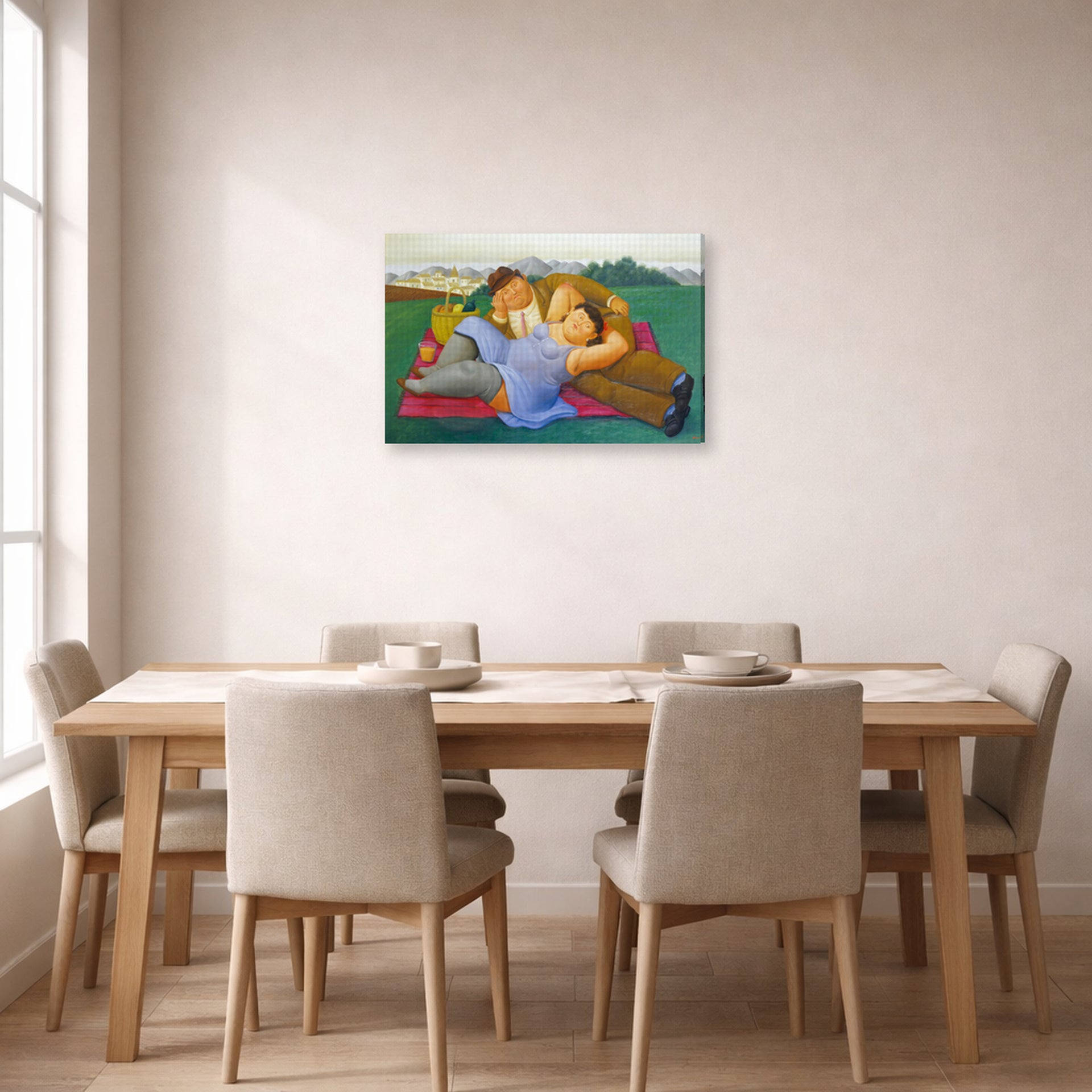 Gallery-wrapped canvas print of Fernando Botero's Picnic displayed on a wall in a dining room