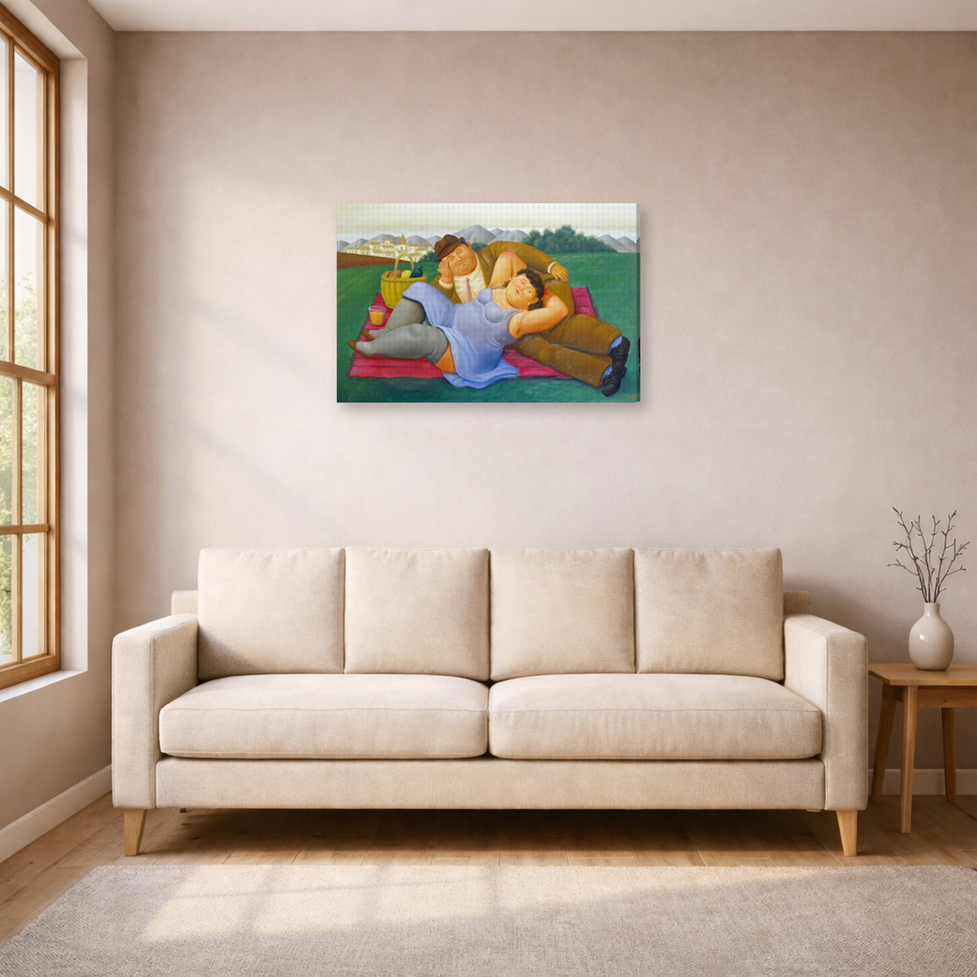 Gallery-wrapped canvas print of Fernando Botero's Picnic displayed on a wall in a living room