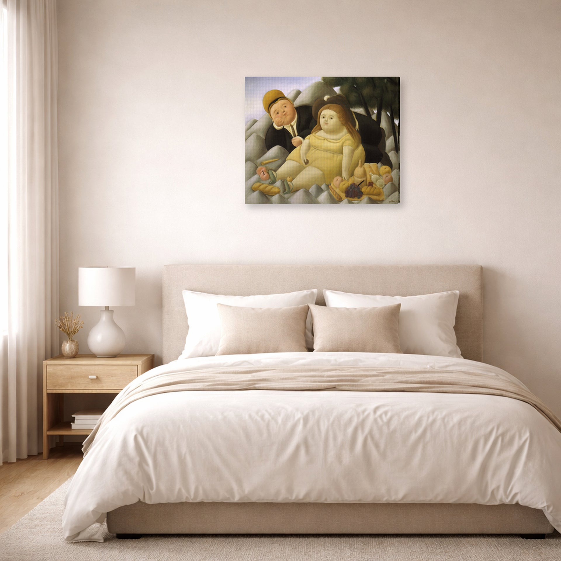 Gallery-wrapped canvas print of Fernando Botero's Picnic in the Mountains displayed on a wall in a bedroom