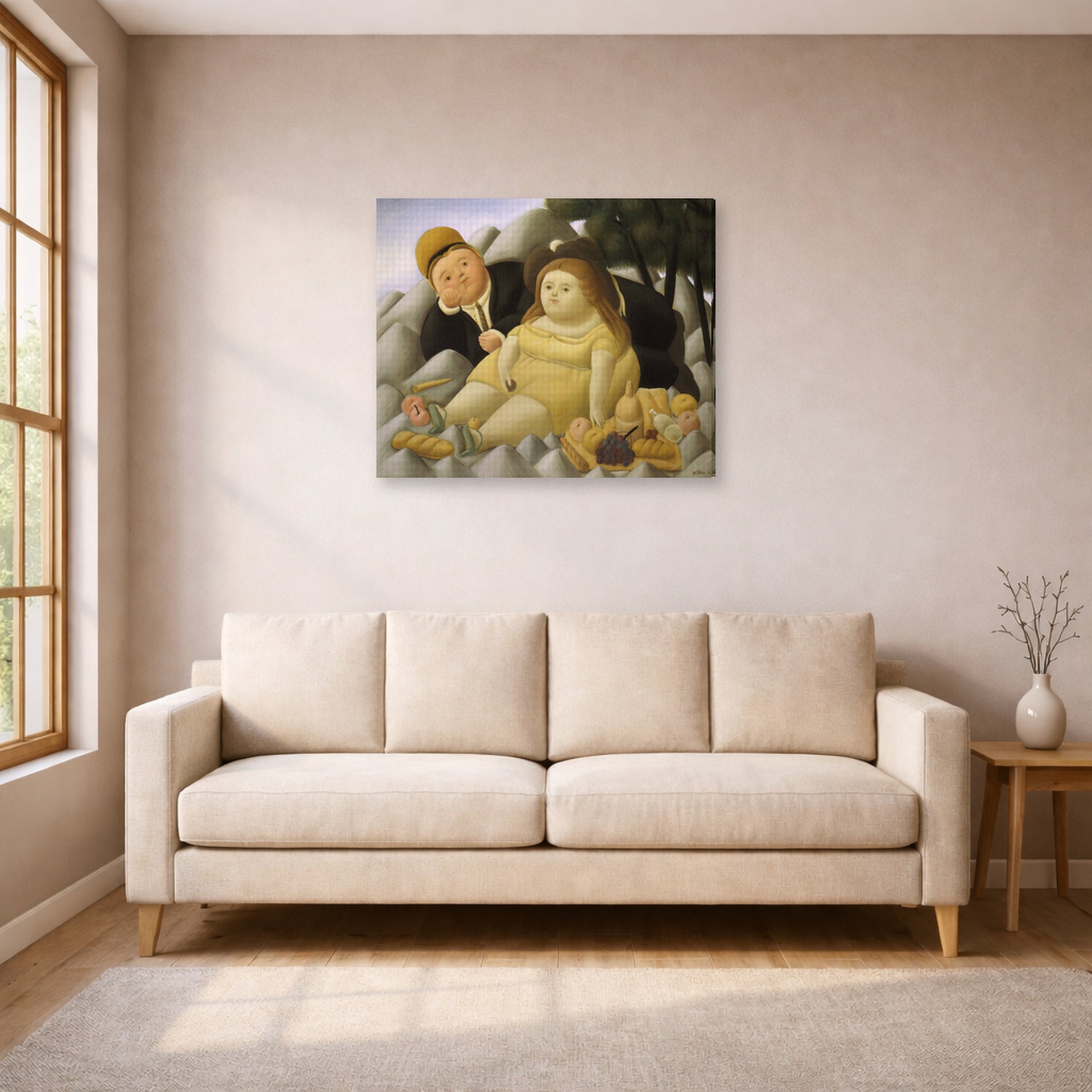 Gallery-wrapped canvas print of Fernando Botero's Picnic in the Mountains displayed on a wall in a living room