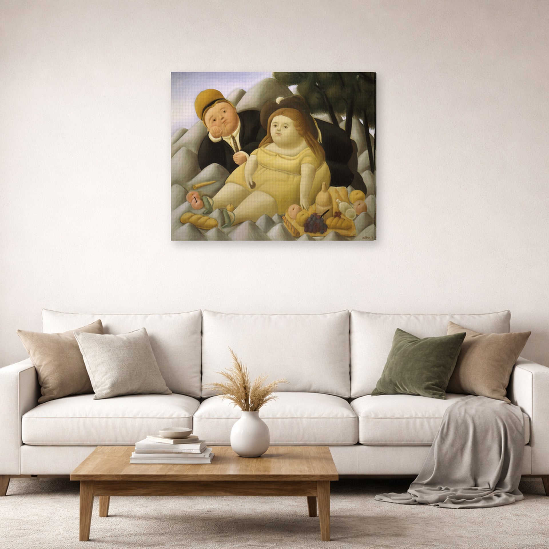 Gallery-wrapped canvas print of Fernando Botero's Picnic in the Mountains displayed on a wall in a living room