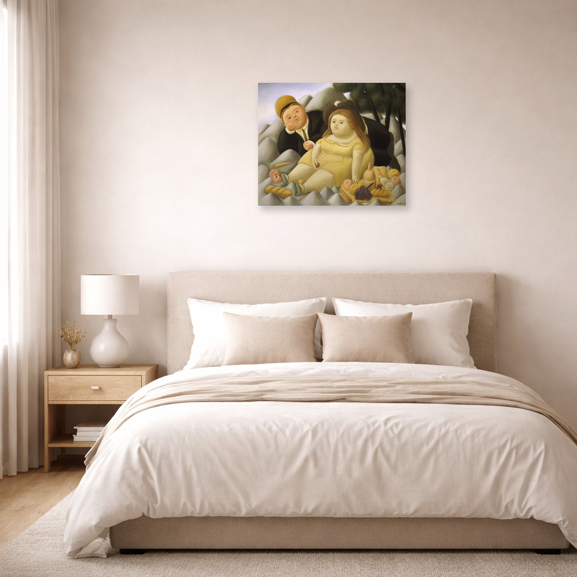 Unframed poster print of Fernando Botero's Picnic in the Mountains displayed on a wall in a bedroom