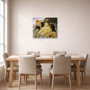 Unframed poster print of Fernando Botero's Picnic in the Mountains displayed on a wall in a dining room