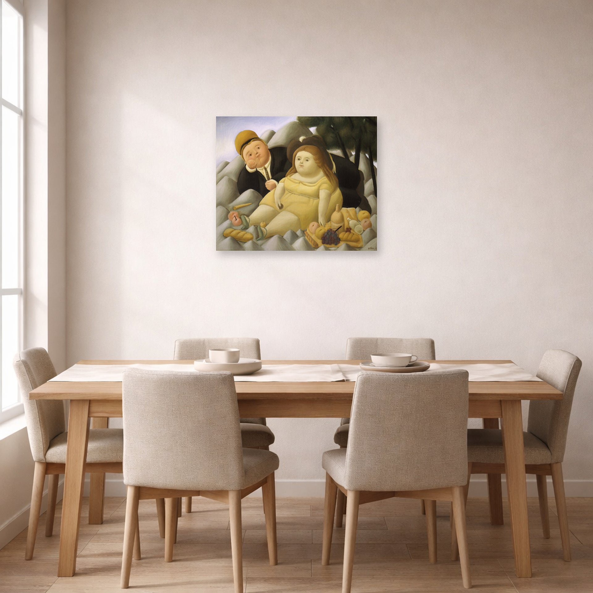 Unframed poster print of Fernando Botero's Picnic in the Mountains displayed on a wall in a dining room