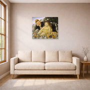 Unframed poster print of Fernando Botero's Picnic in the Mountains displayed on a wall in a living room