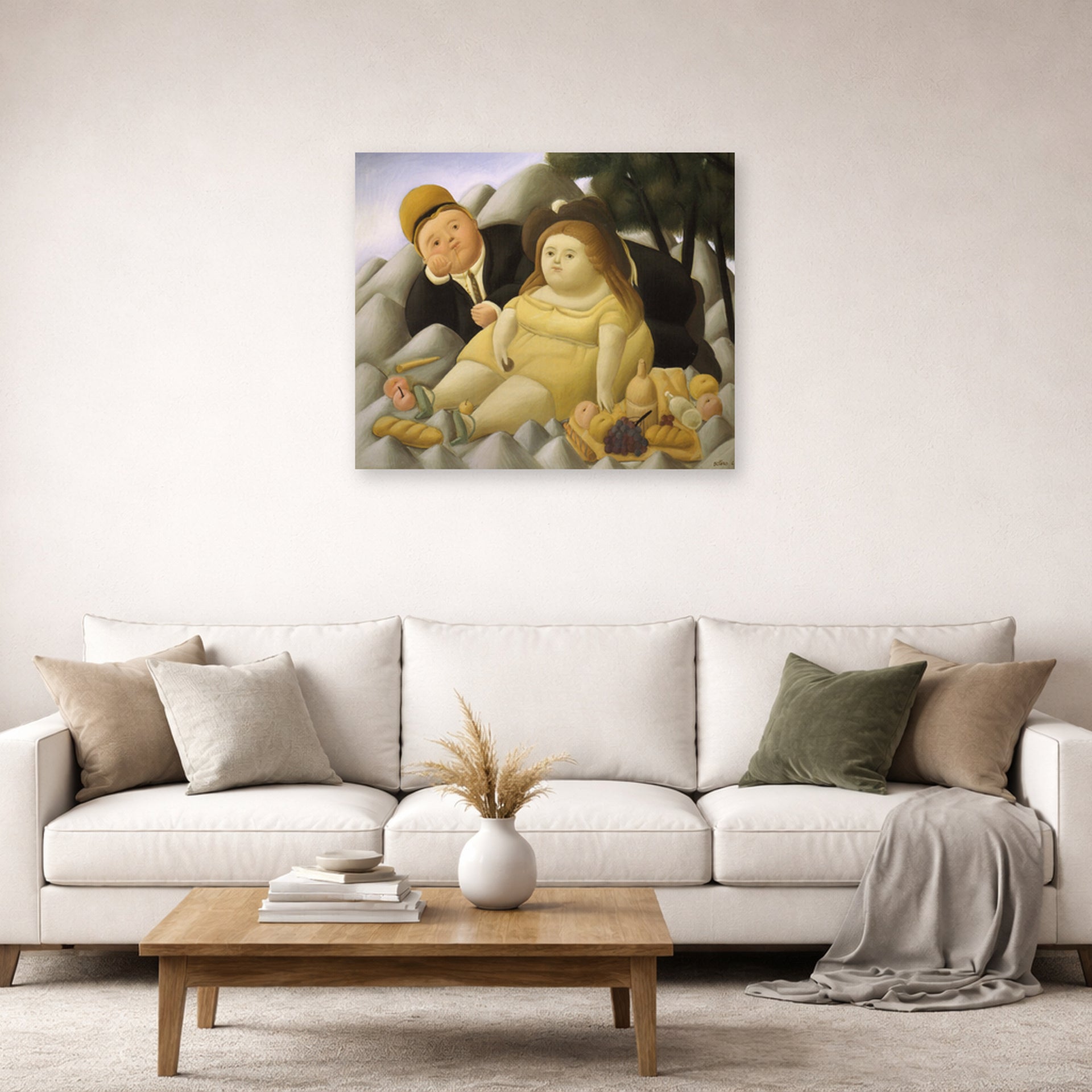 Unframed poster print of Fernando Botero's Picnic in the Mountains displayed on a wall in a living room