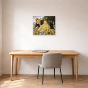 Unframed poster print of Fernando Botero's Picnic in the Mountains displayed on a wall in a home office