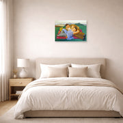 Unframed poster print of Fernando Botero's Picnic displayed on a wall in a bedroom
