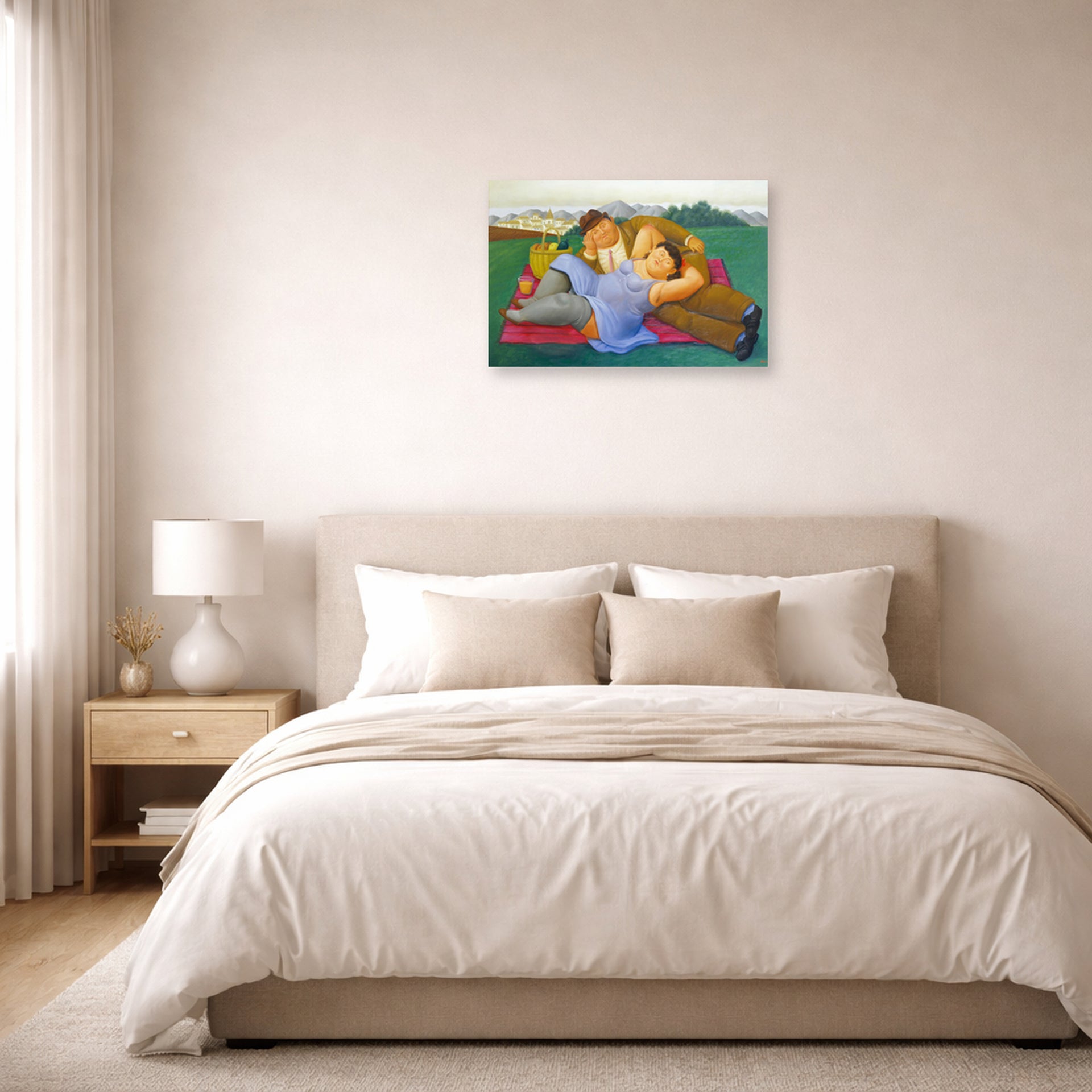 Unframed poster print of Fernando Botero's Picnic displayed on a wall in a bedroom