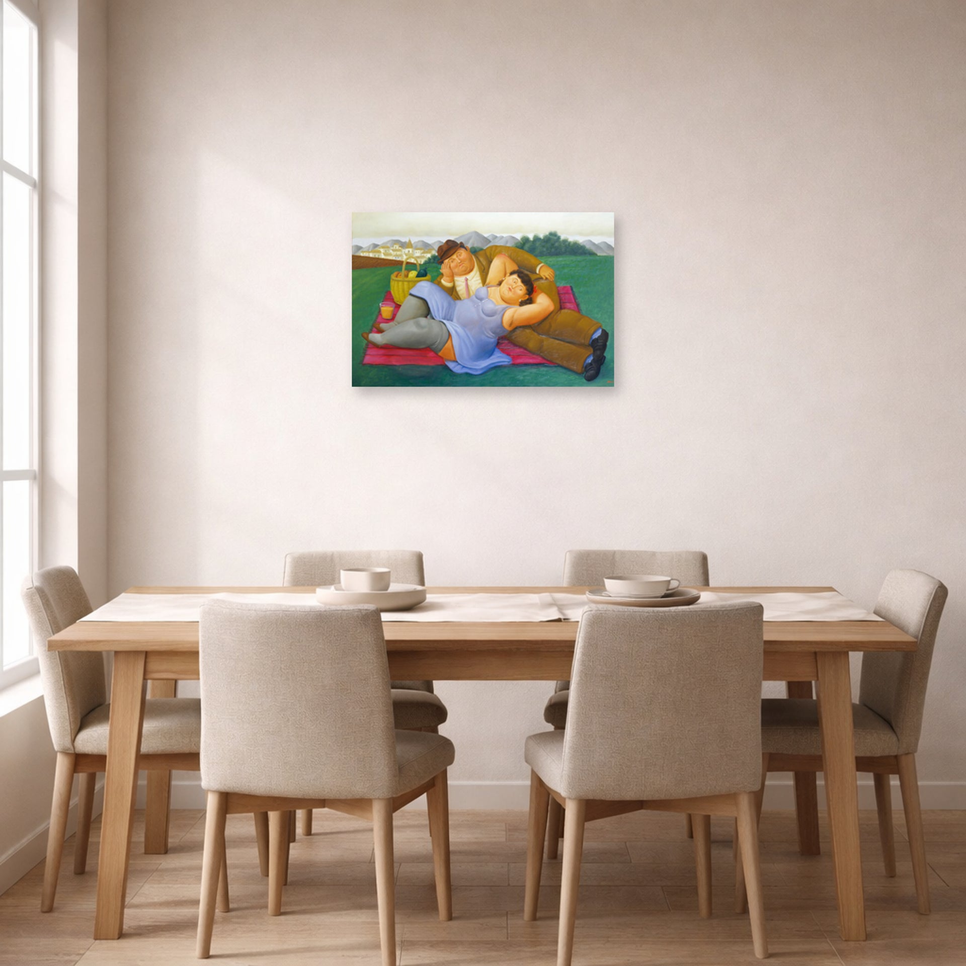 Unframed poster print of Fernando Botero's Picnic displayed on a wall in a dining room