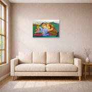 Unframed poster print of Fernando Botero's Picnic displayed on a wall in a living room