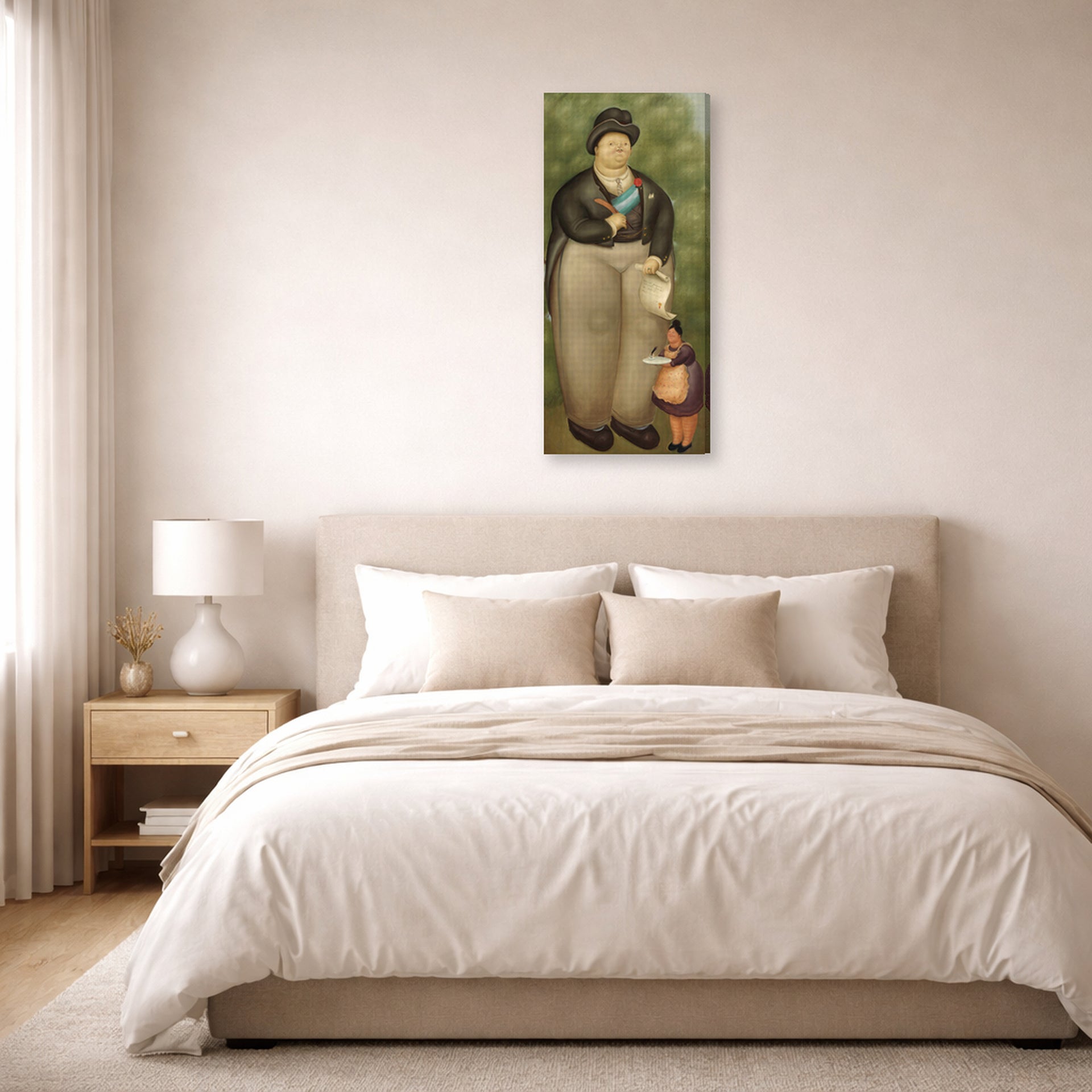 Gallery-wrapped canvas print of Fernando Botero's President displayed on a wall in a bedroom