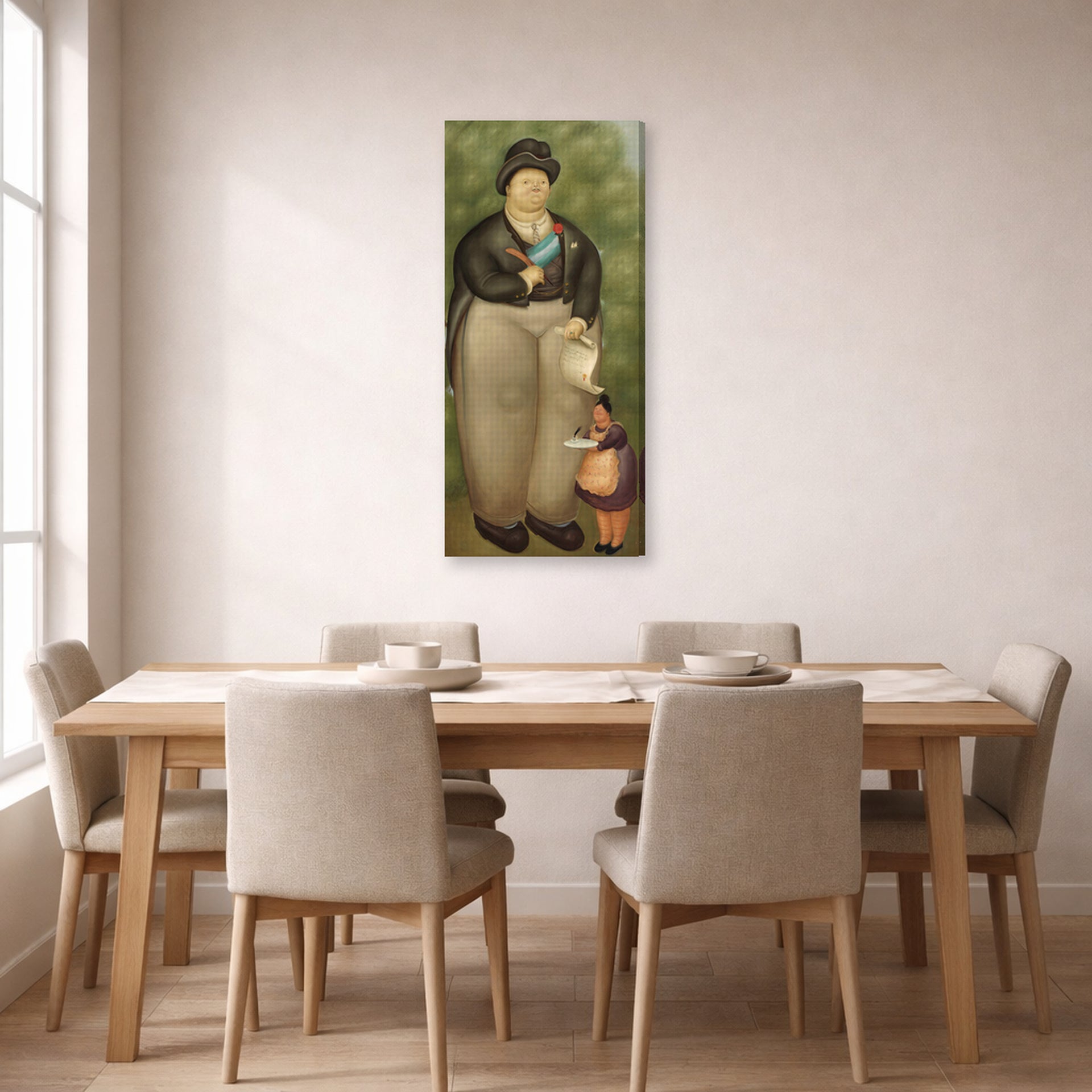 Gallery-wrapped canvas print of Fernando Botero's President displayed on a wall in a dining room