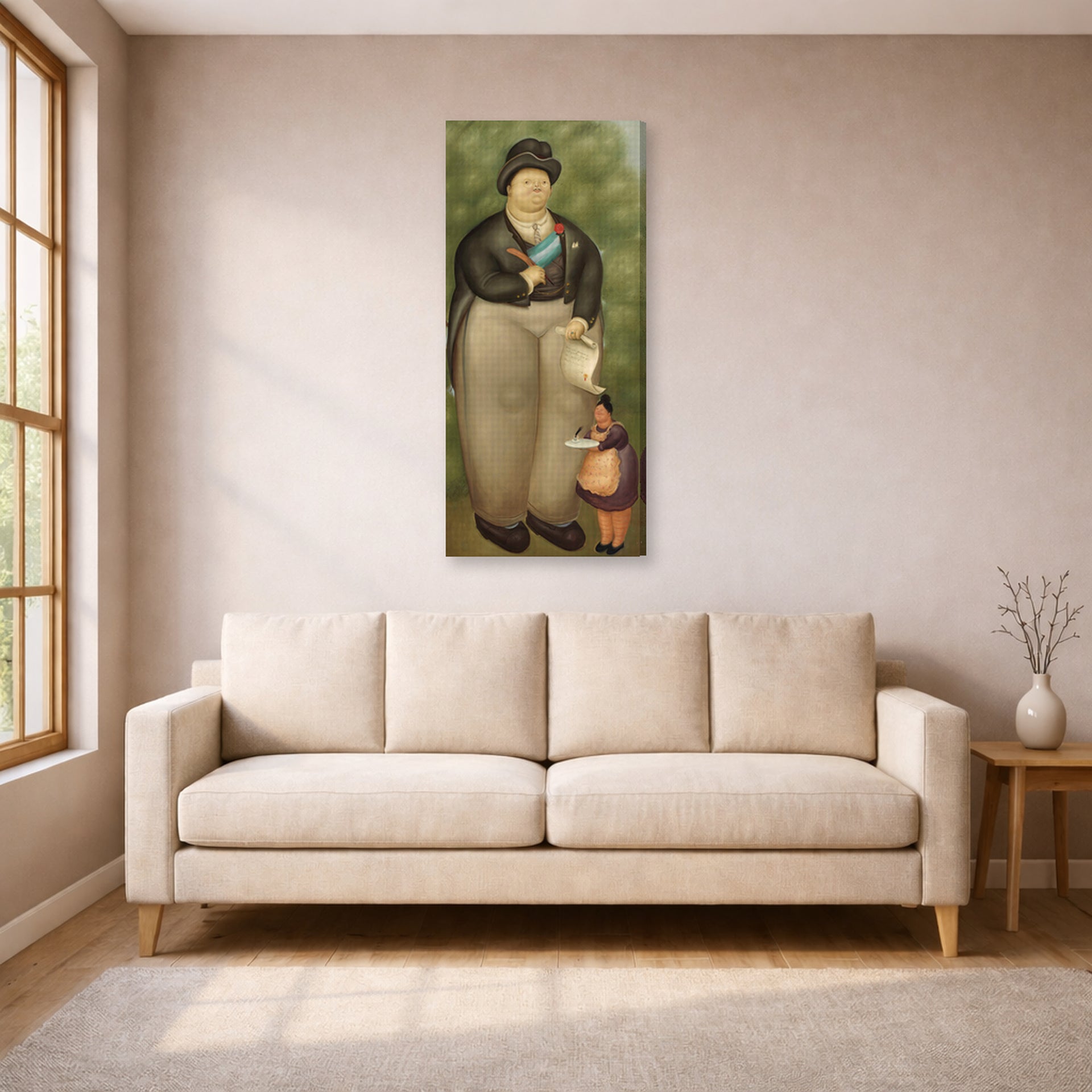 Gallery-wrapped canvas print of Fernando Botero's President displayed on a wall in a living room