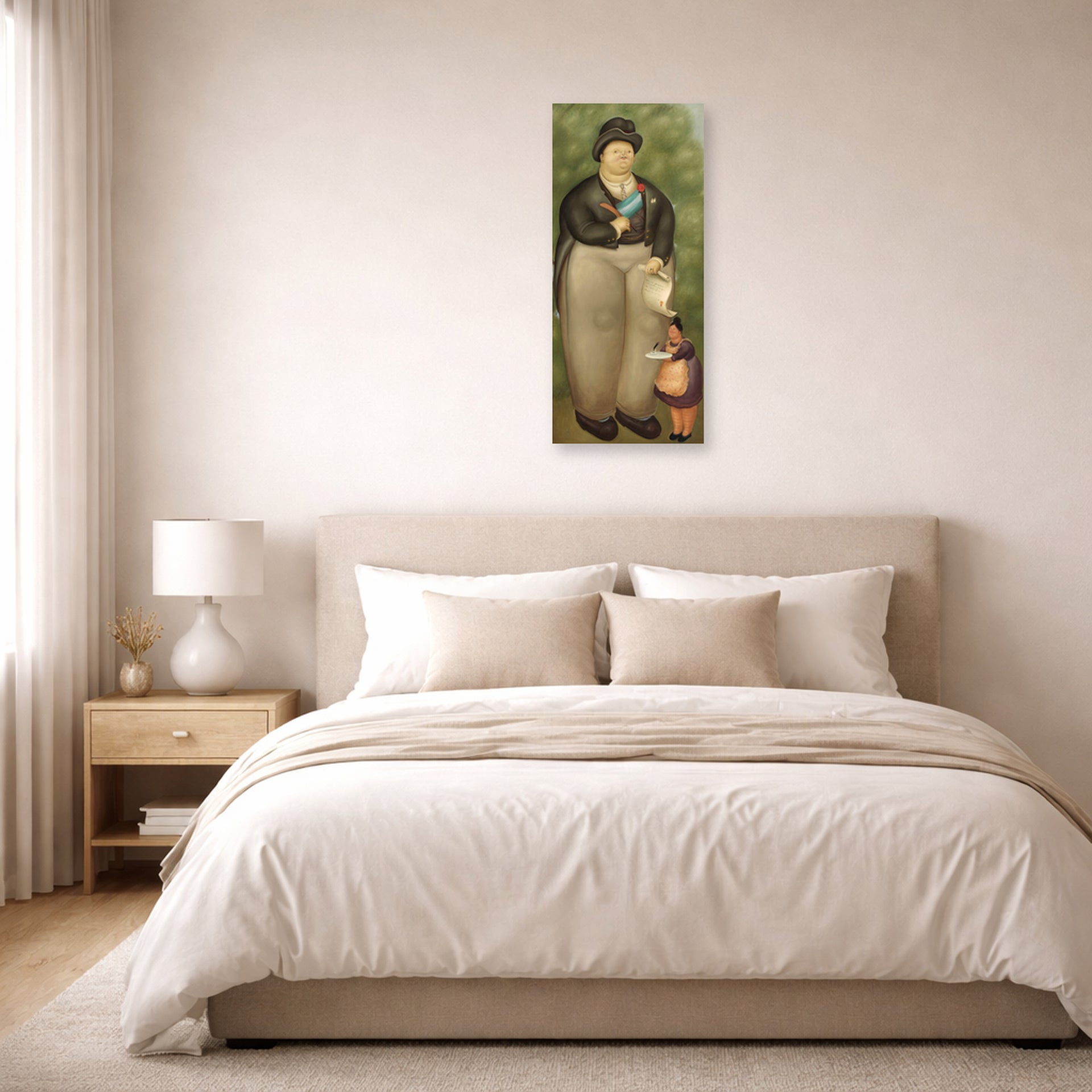 Unframed poster print of Fernando Botero's President displayed on a wall in a bedroom