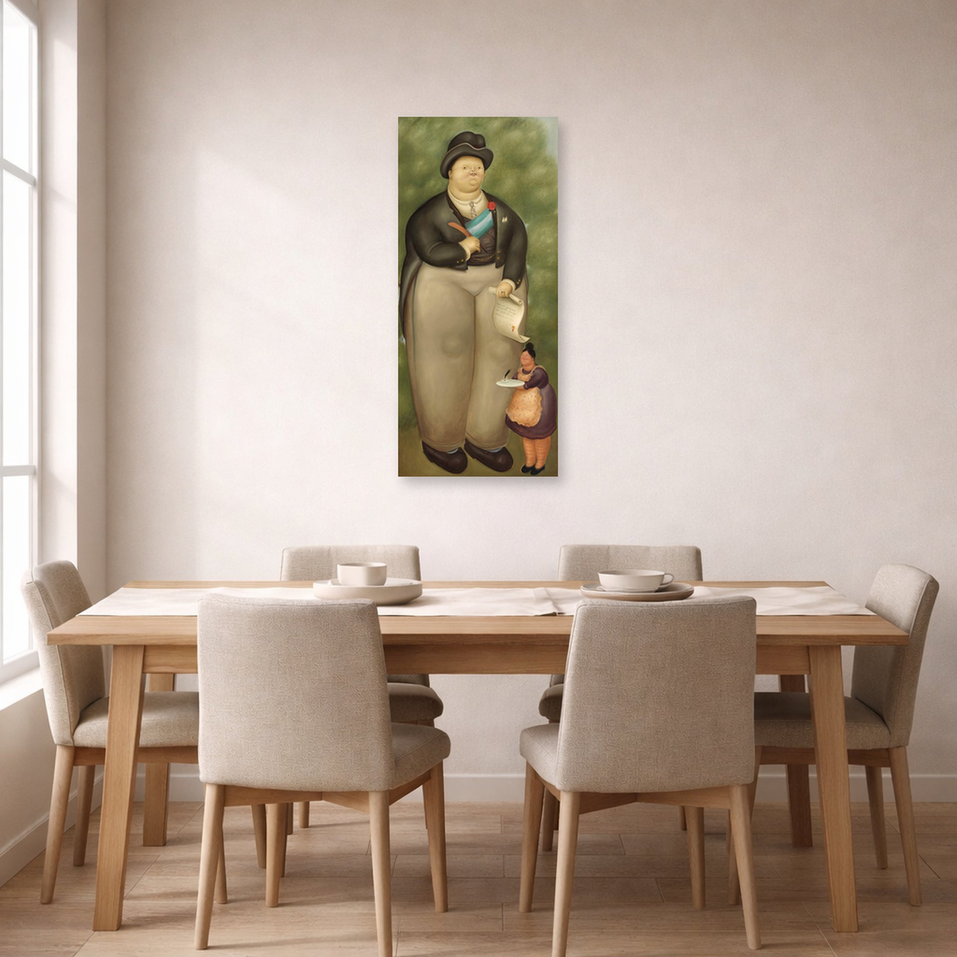 Unframed poster print of Fernando Botero's President displayed on a wall in a dining room