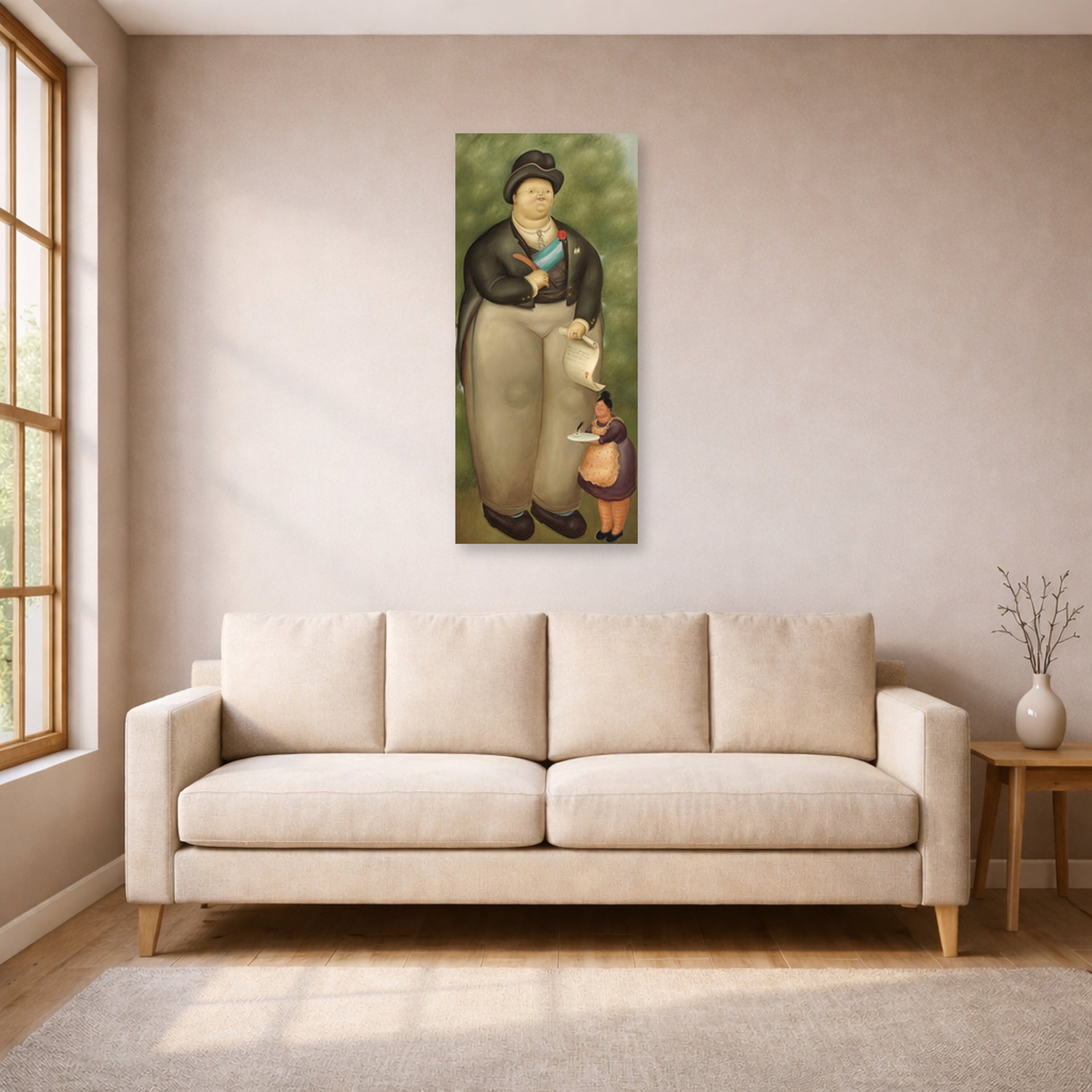 Unframed poster print of Fernando Botero's President displayed on a wall in a living room