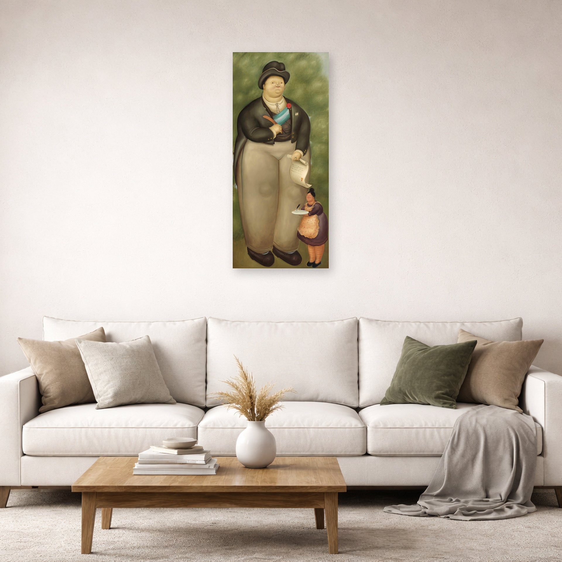 Unframed poster print of Fernando Botero's President displayed on a wall in a living room