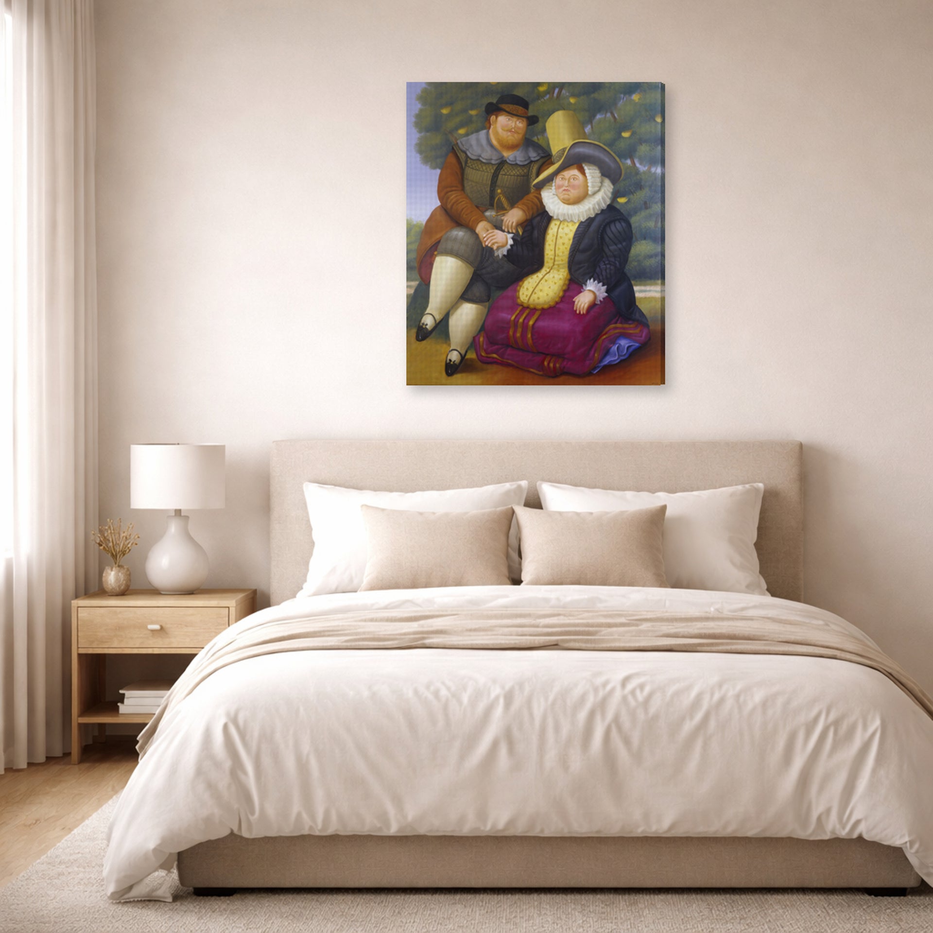 Gallery-wrapped canvas print of Fernando Botero's Rubens and His Wife displayed on a wall in a bedroom