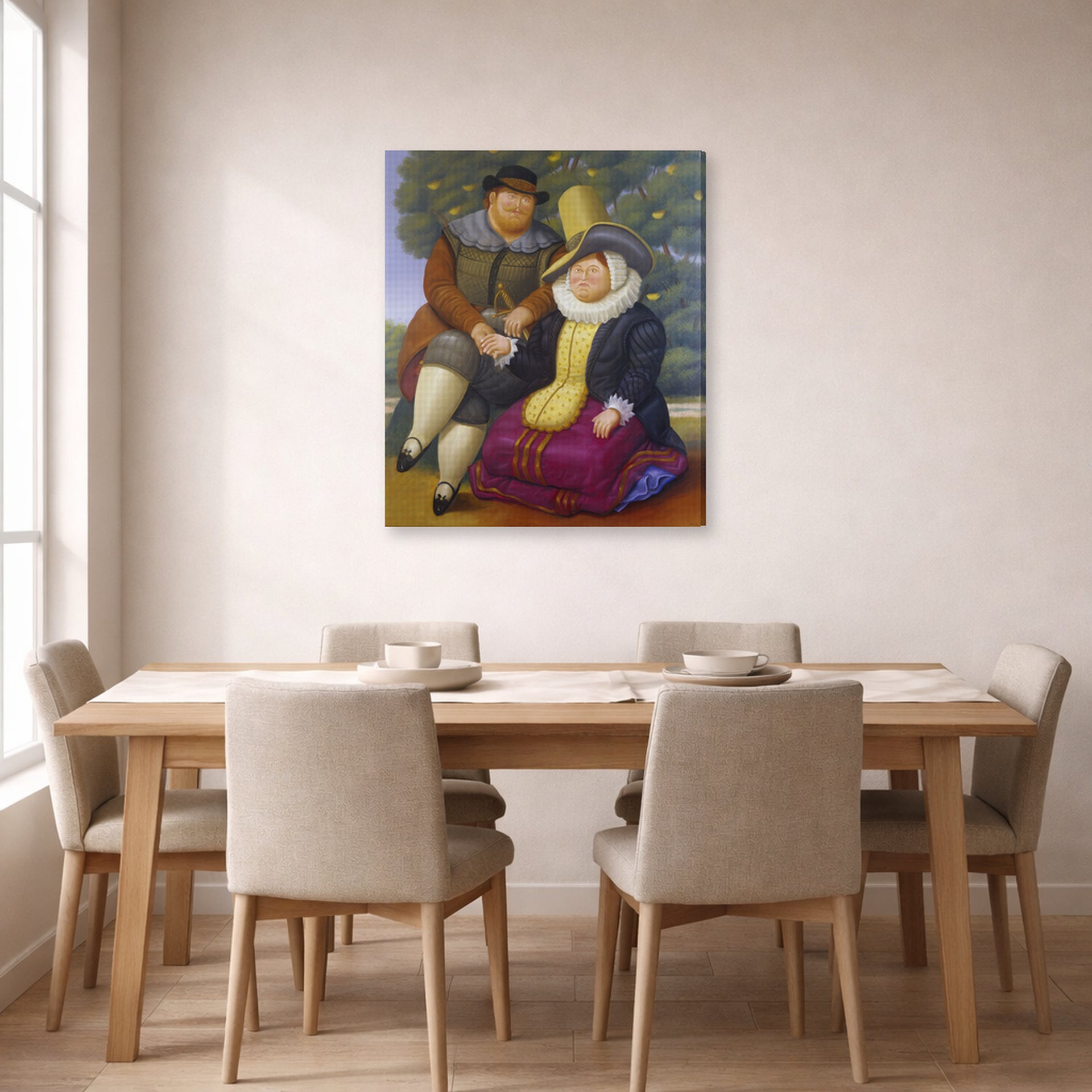 Gallery-wrapped canvas print of Fernando Botero's Rubens and His Wife displayed on a wall in a dining room