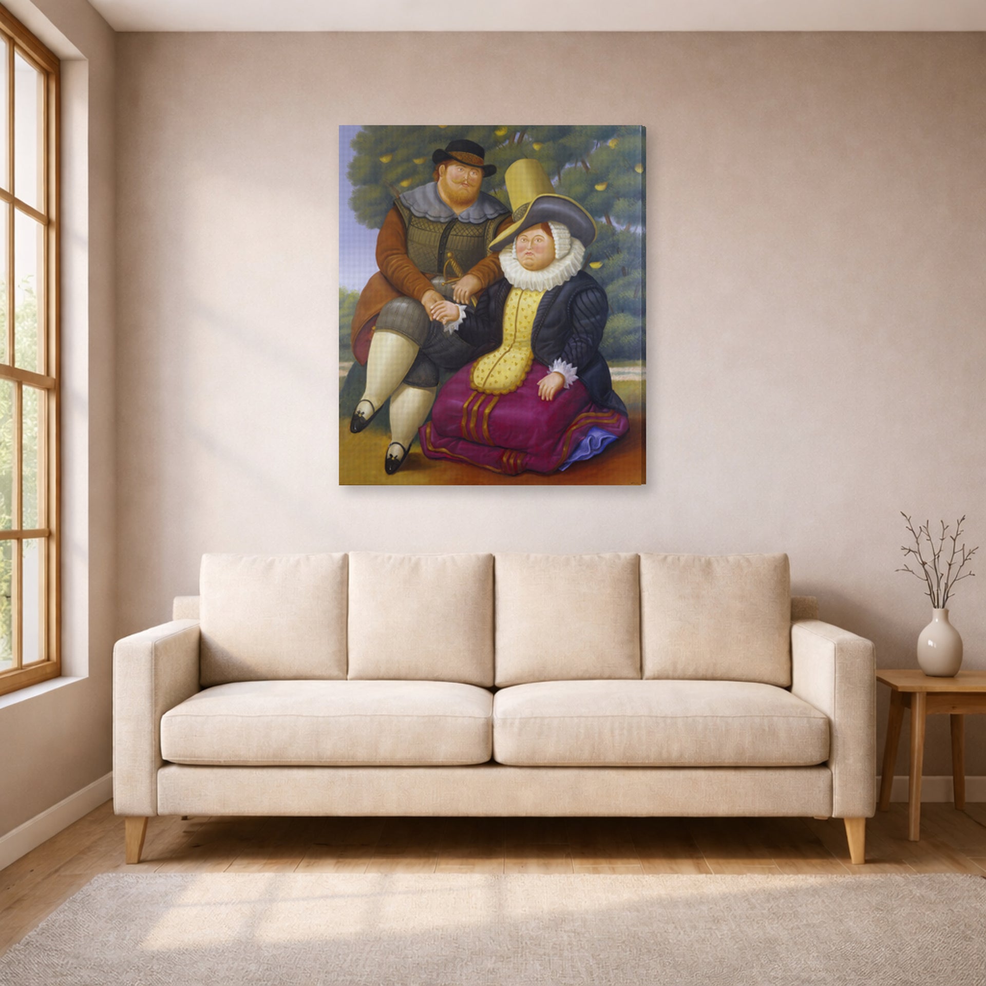 Gallery-wrapped canvas print of Fernando Botero's Rubens and His Wife displayed on a wall in a living room
