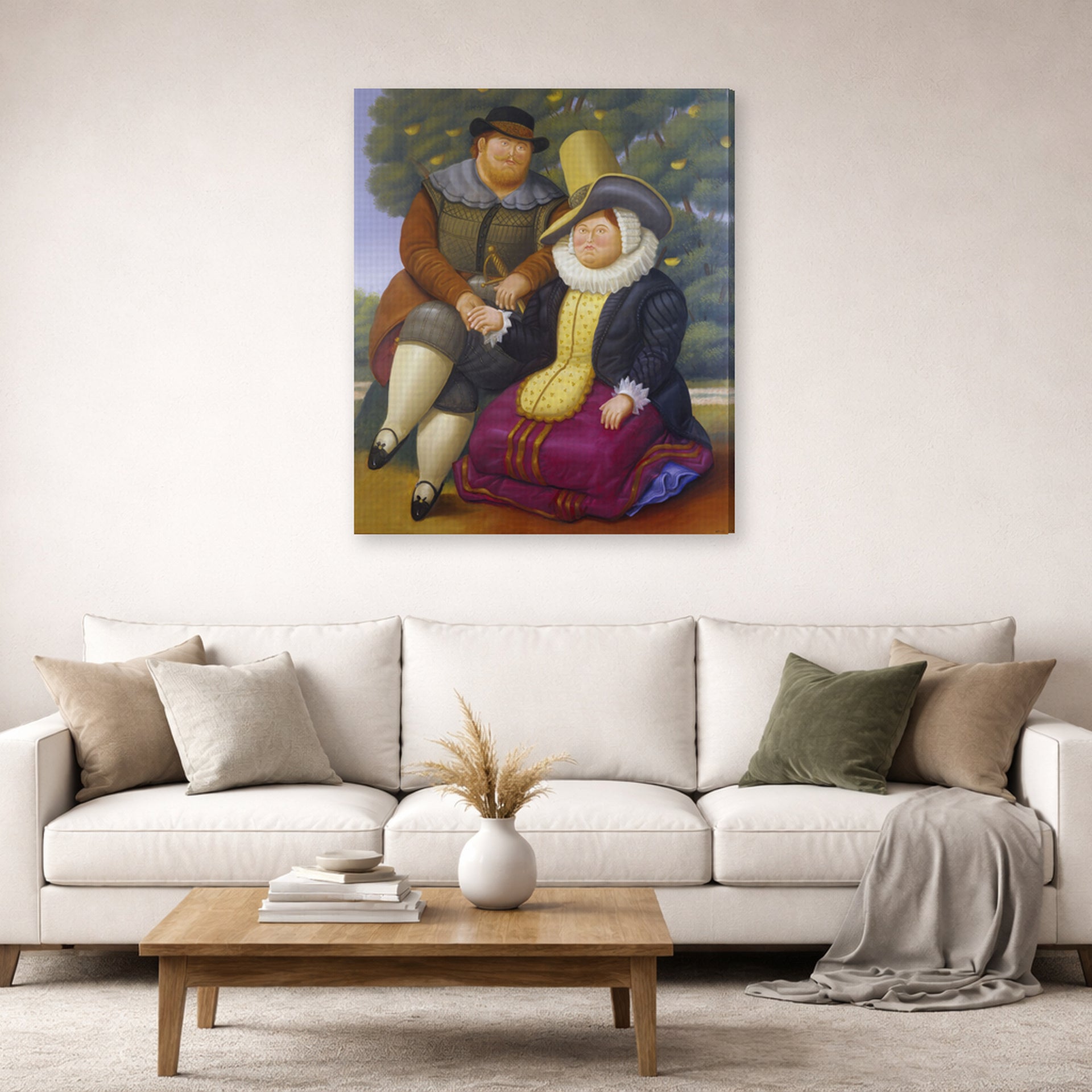 Gallery-wrapped canvas print of Fernando Botero's Rubens and His Wife displayed on a wall in a living room