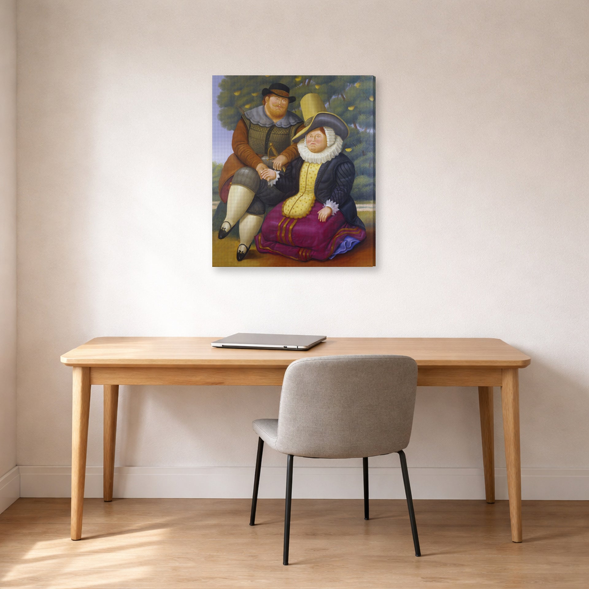 Gallery-wrapped canvas print of Fernando Botero's Rubens and His Wife displayed on a wall in a home office