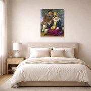 Unframed poster print of Fernando Botero's Rubens and His Wife displayed on a wall in a bedroom