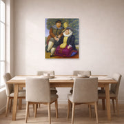 Unframed poster print of Fernando Botero's Rubens and His Wife displayed on a wall in a dining room