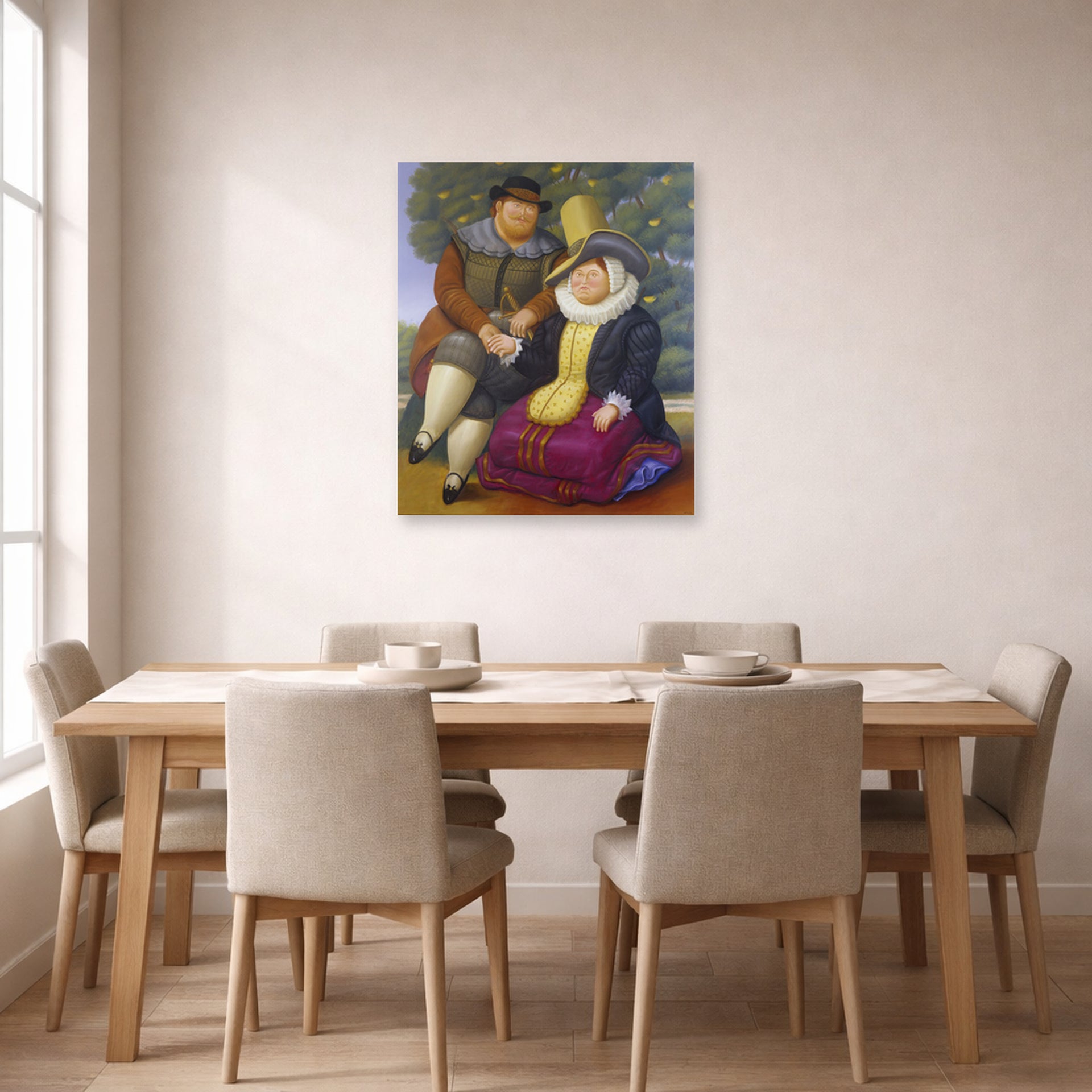 Unframed poster print of Fernando Botero's Rubens and His Wife displayed on a wall in a dining room