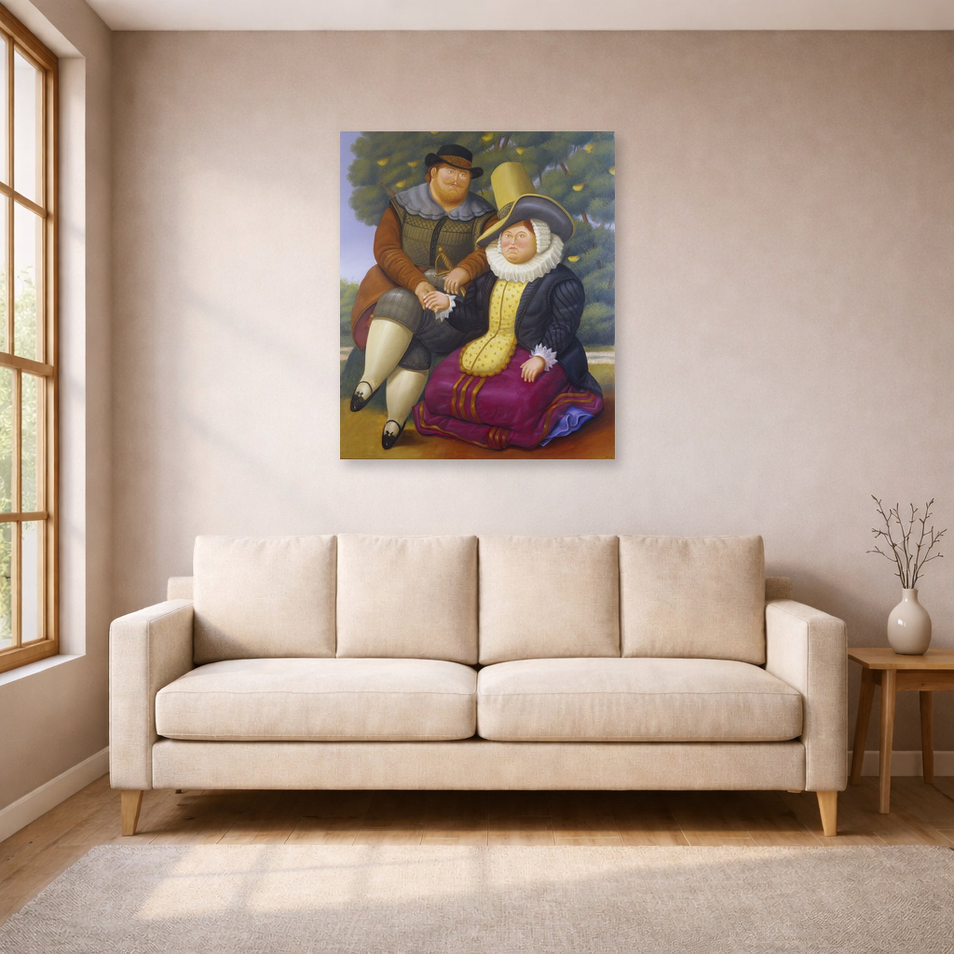 Unframed poster print of Fernando Botero's Rubens and His Wife displayed on a wall in a living room