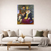 Unframed poster print of Fernando Botero's Rubens and His Wife displayed on a wall in a living room