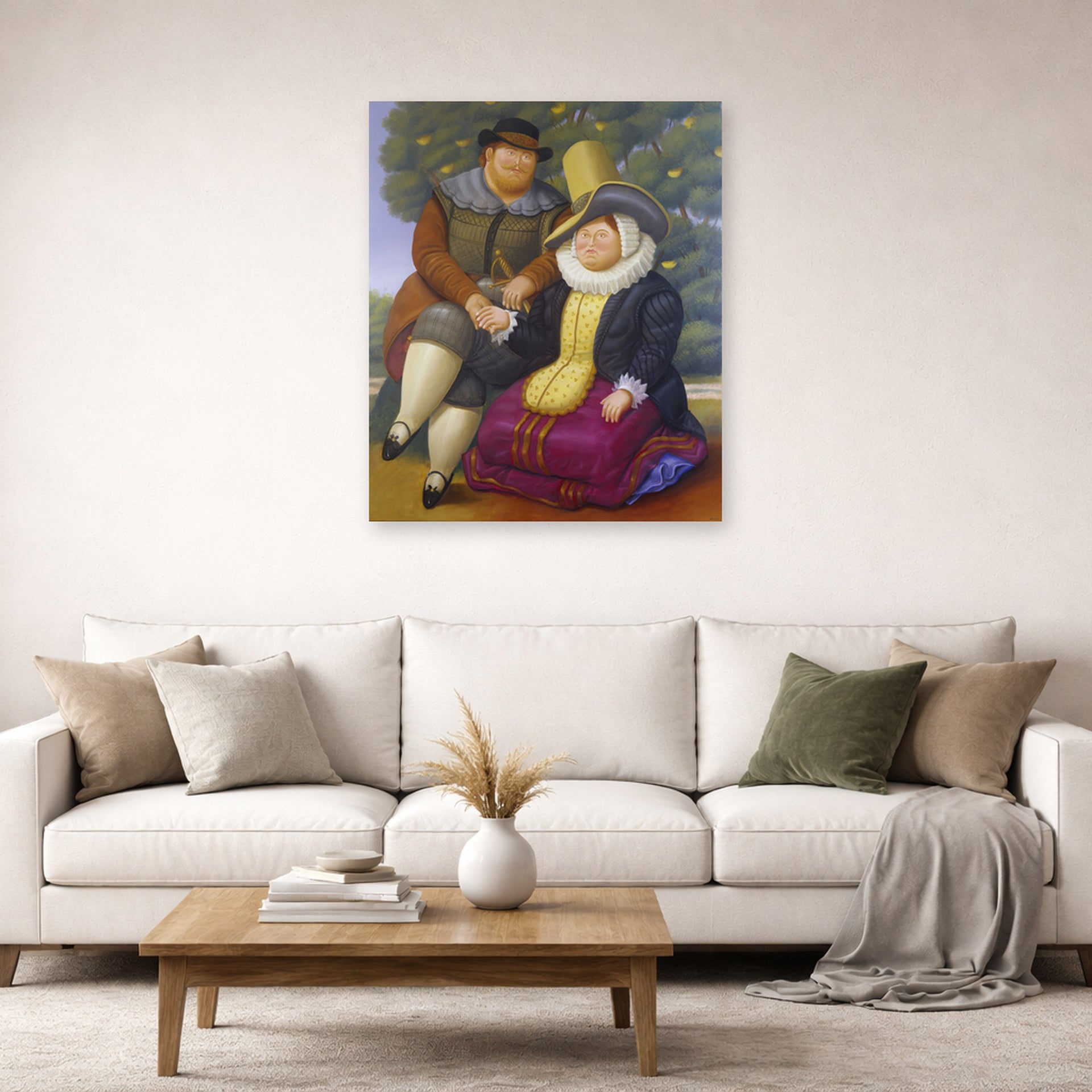 Unframed poster print of Fernando Botero's Rubens and His Wife displayed on a wall in a living room