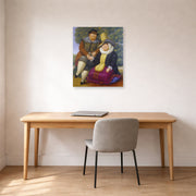 Unframed poster print of Fernando Botero's Rubens and His Wife displayed on a wall in a home office