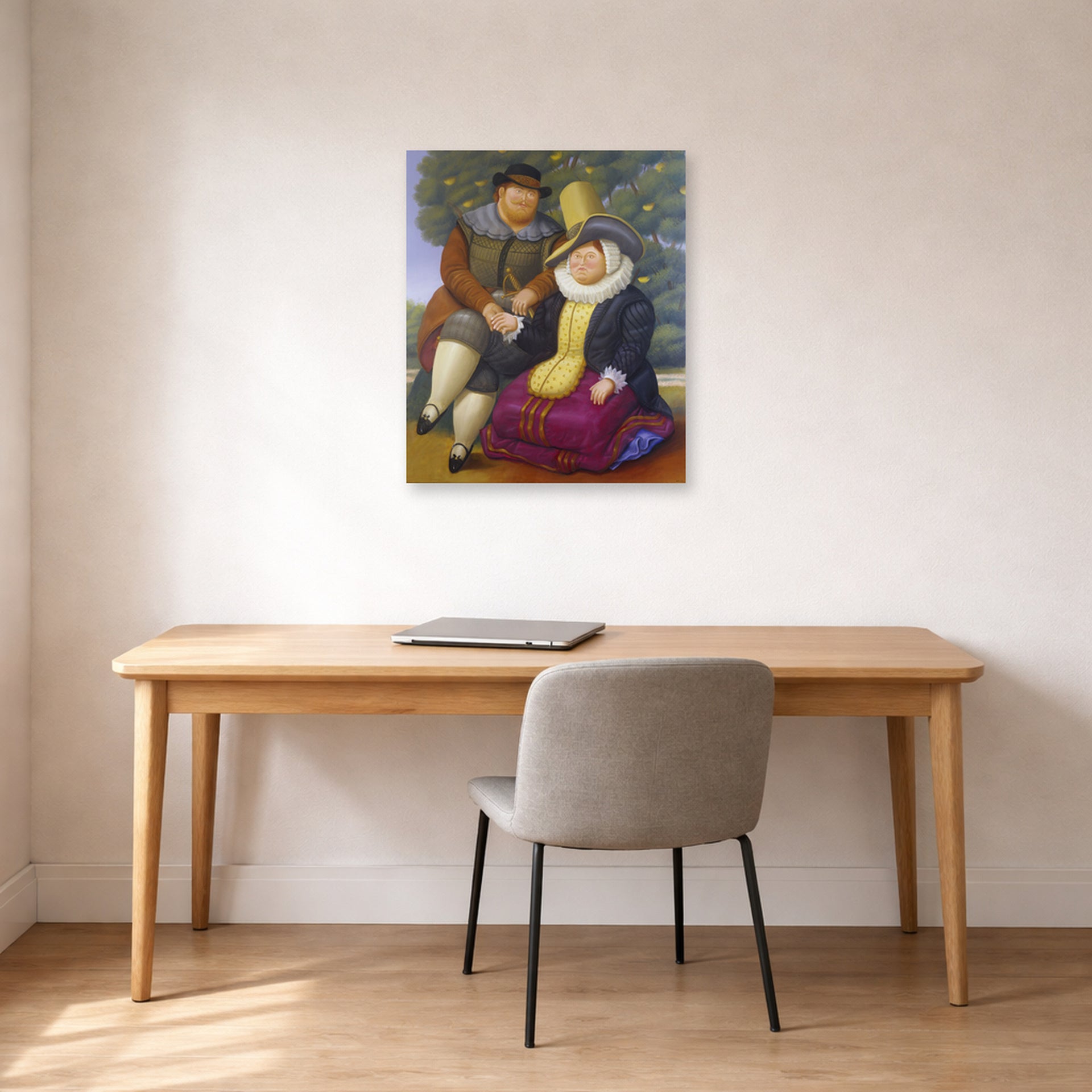 Unframed poster print of Fernando Botero's Rubens and His Wife displayed on a wall in a home office