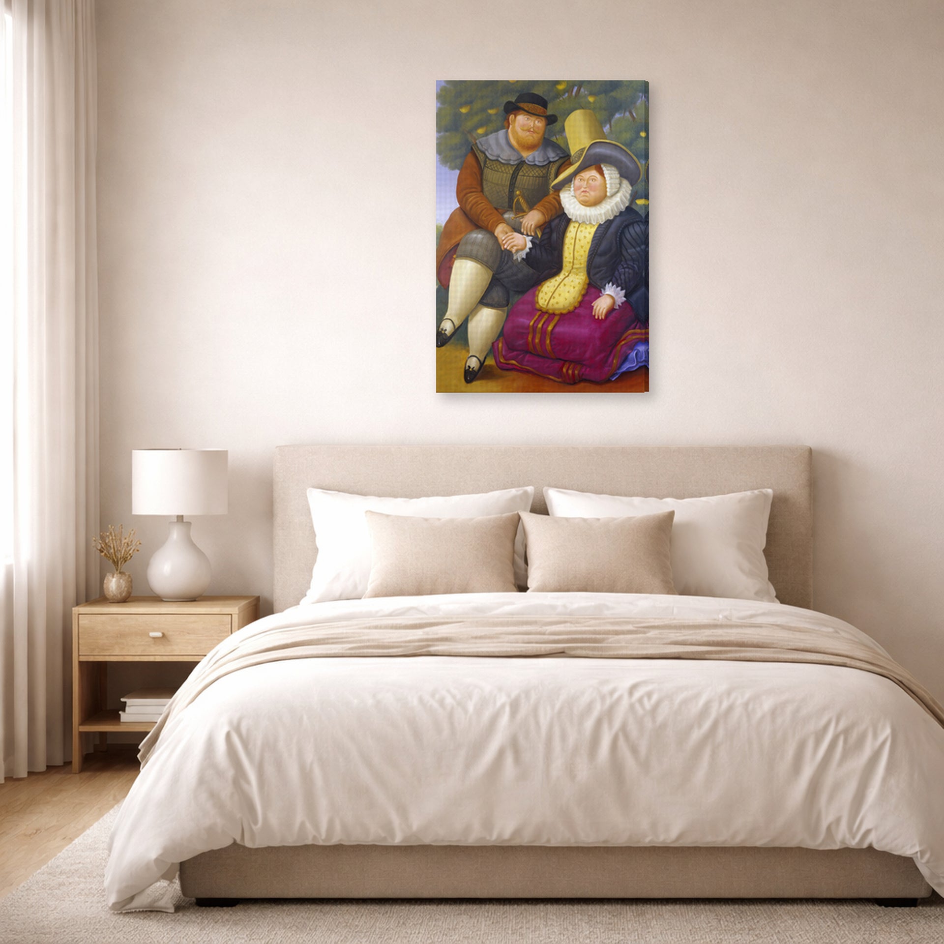 Gallery-wrapped canvas print of Fernando Botero's Rubens displayed on a wall in a bedroom