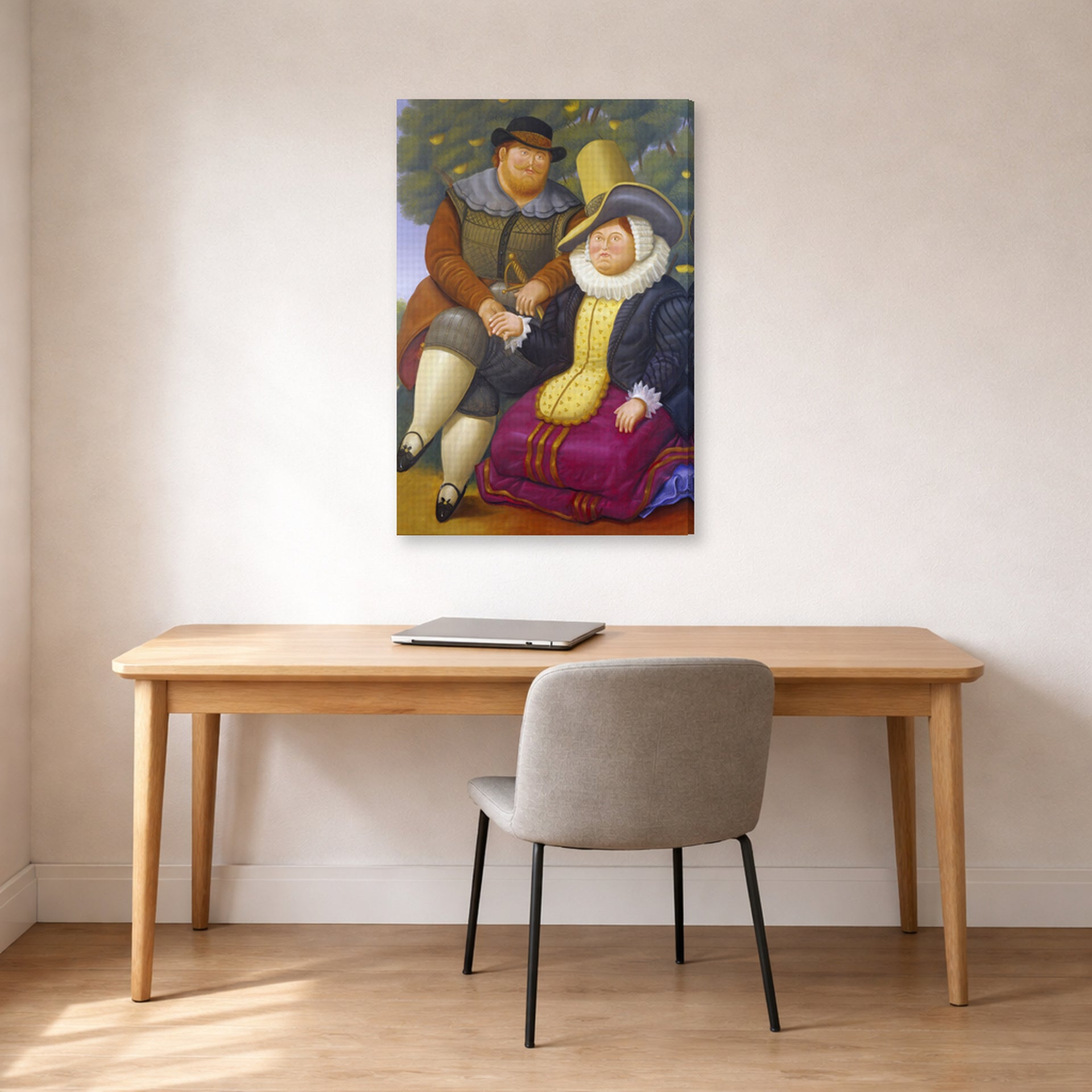 Gallery-wrapped canvas print of Fernando Botero's Rubens displayed on a wall in a home office