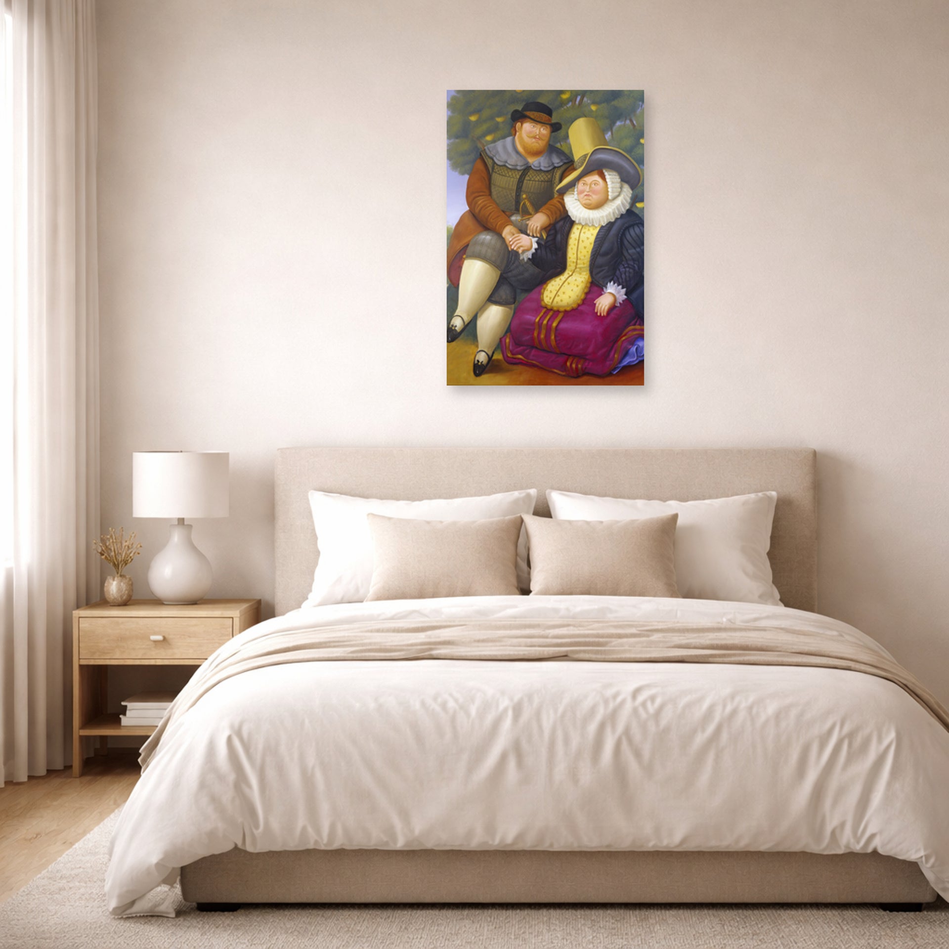 Unframed poster print of Fernando Botero's Rubens displayed on a wall in a bedroom