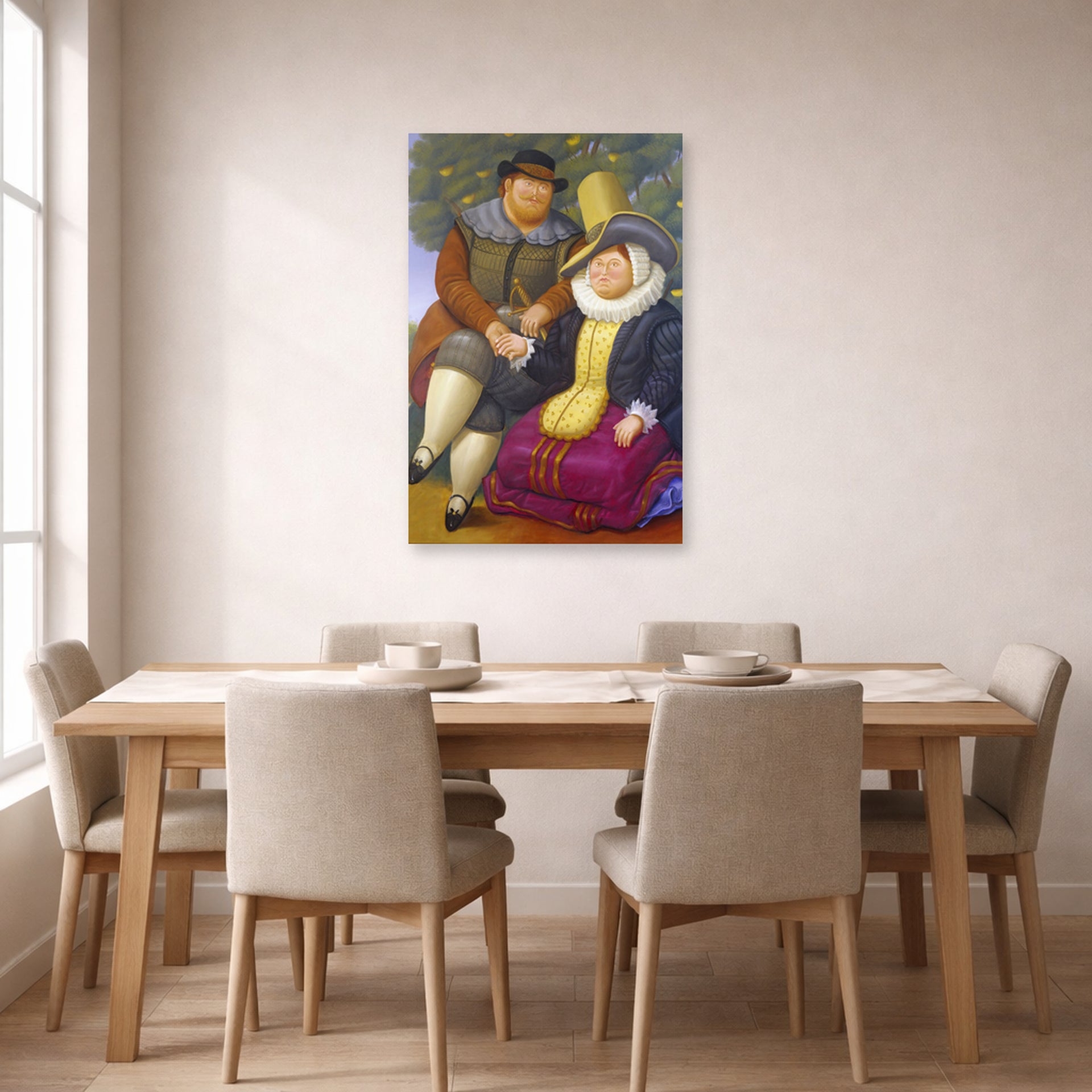 Unframed poster print of Fernando Botero's Rubens displayed on a wall in a dining room